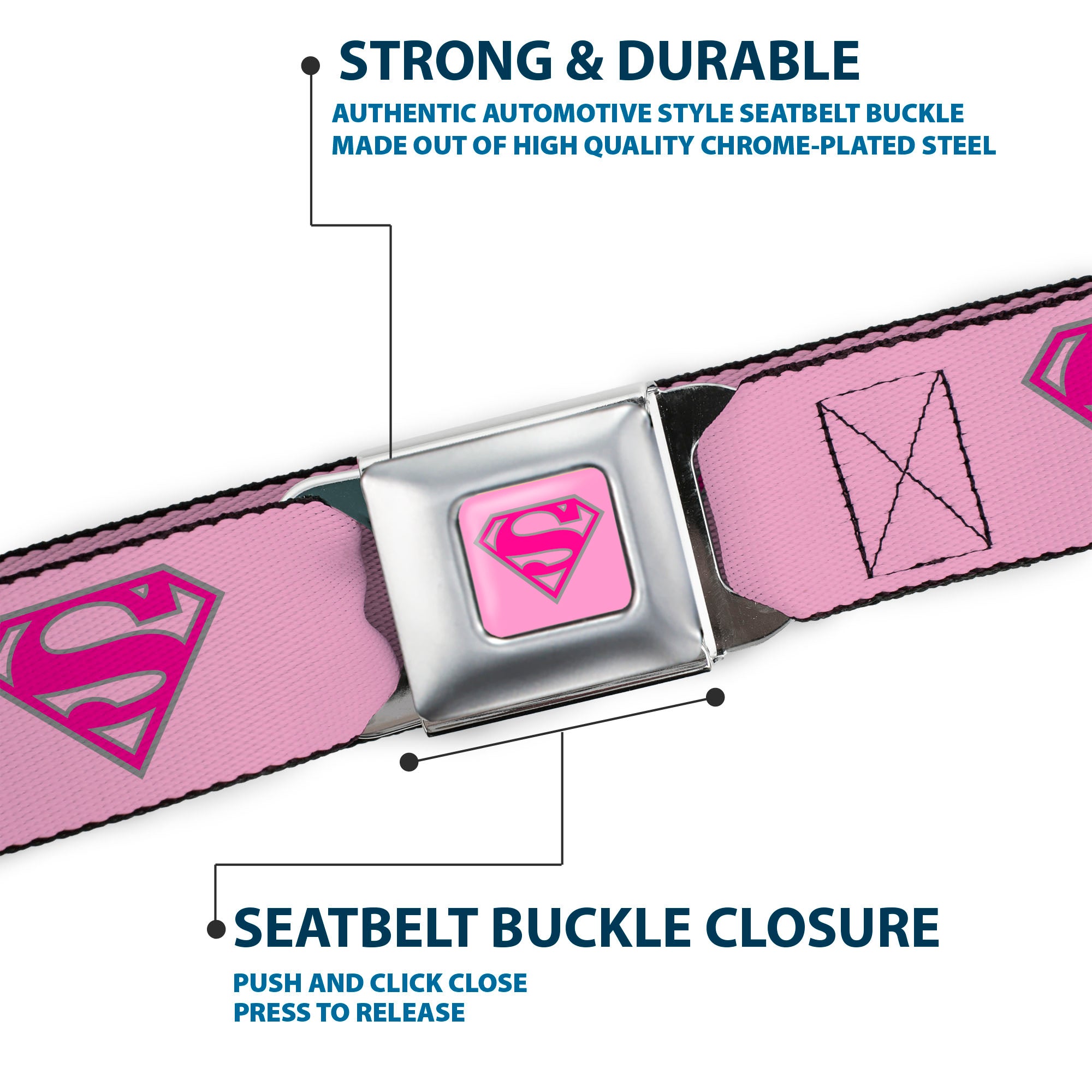 Superman Full Color Pink Seatbelt Belt - Superman Shield Pink Webbing Seatbelt Belts DC Comics