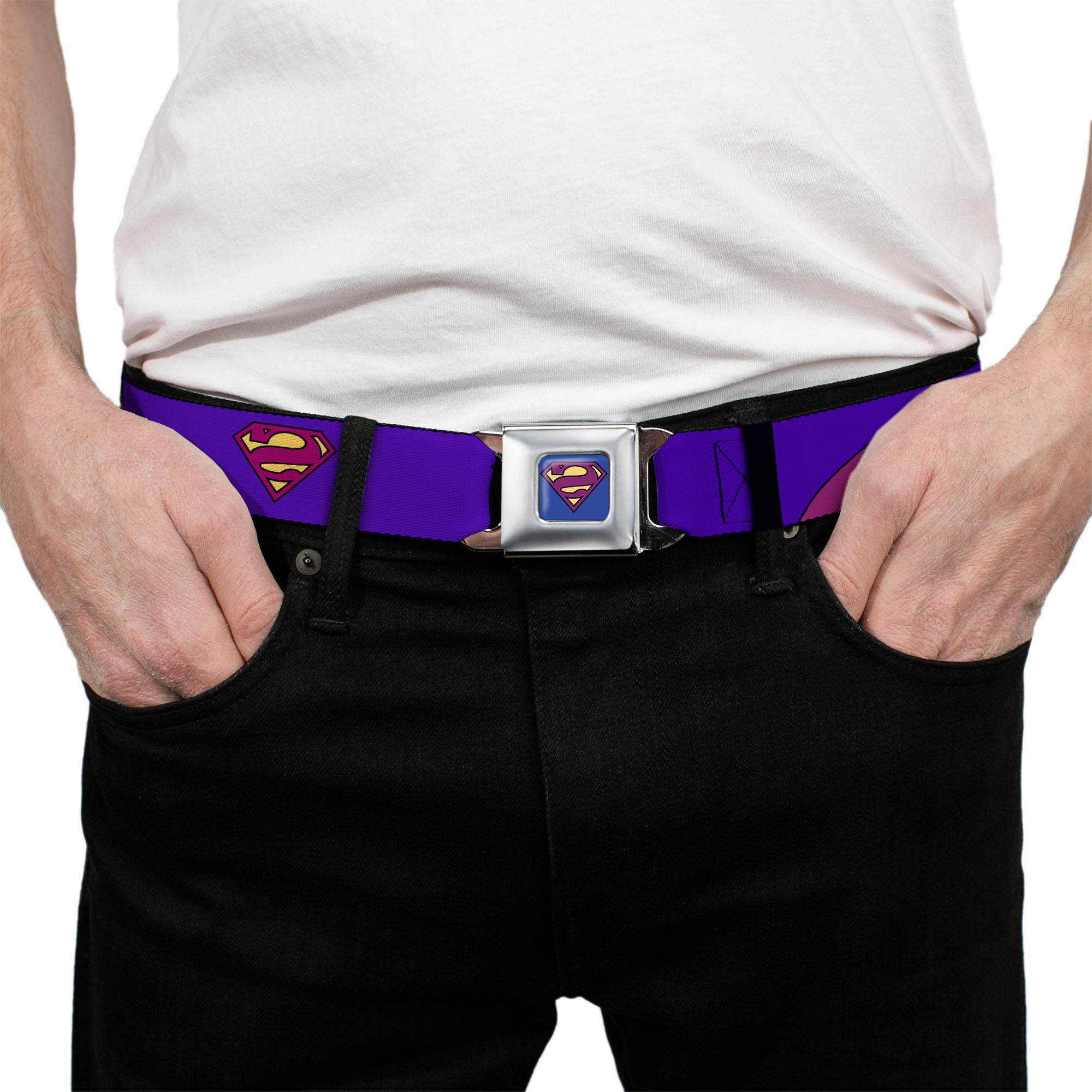 Bizzaro Logo Full Color Blue Seatbelt Belt - Bizzaro Logo w/Bizzaro Pose Webbing Seatbelt Belts DC Comics