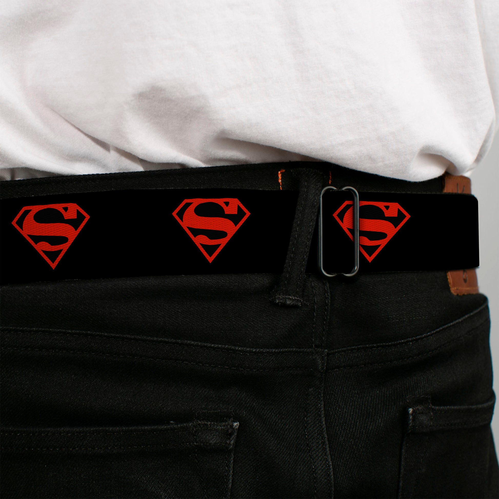Superboy Shield Full Color Black/Red Seatbelt Belt - Superboy Shield Black/Red Webbing Seatbelt Belts DC Comics