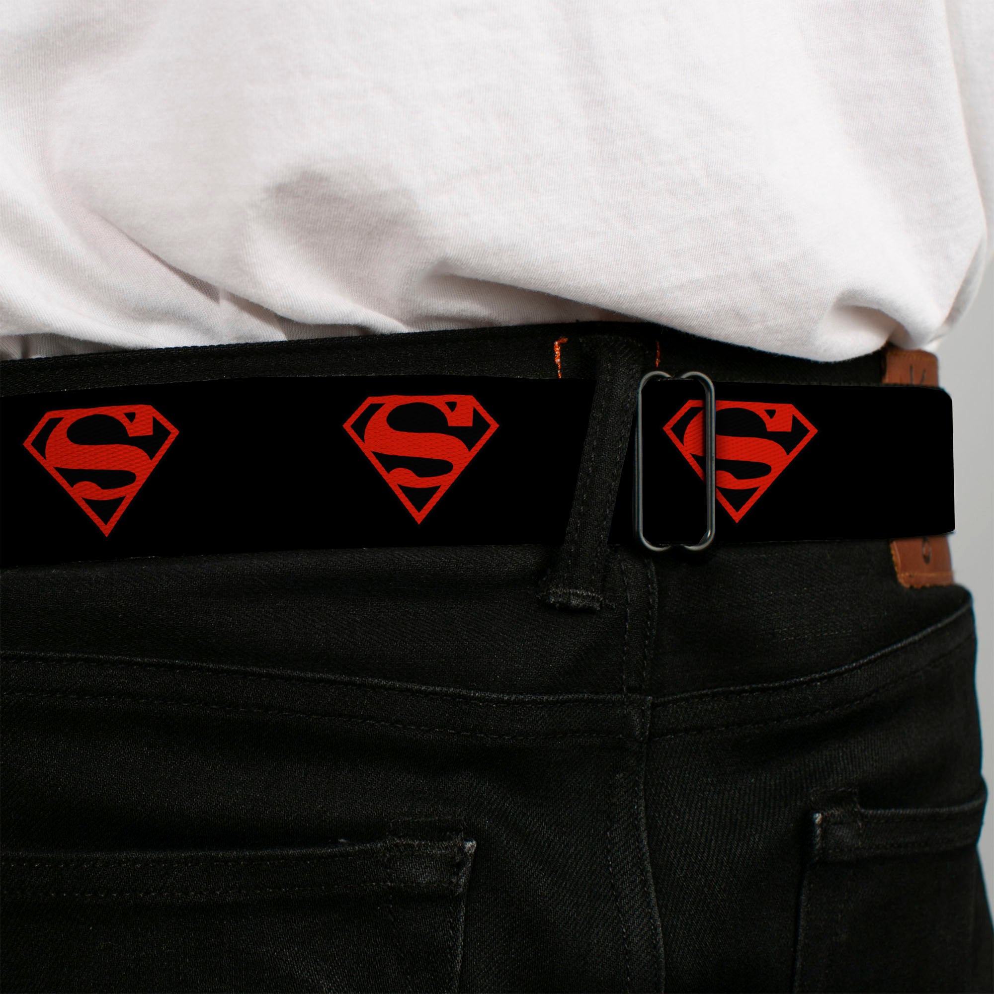 Superboy Shield Full Color Black/Red Seatbelt Belt - Superboy Shield Black/Red Webbing Seatbelt Belts DC Comics