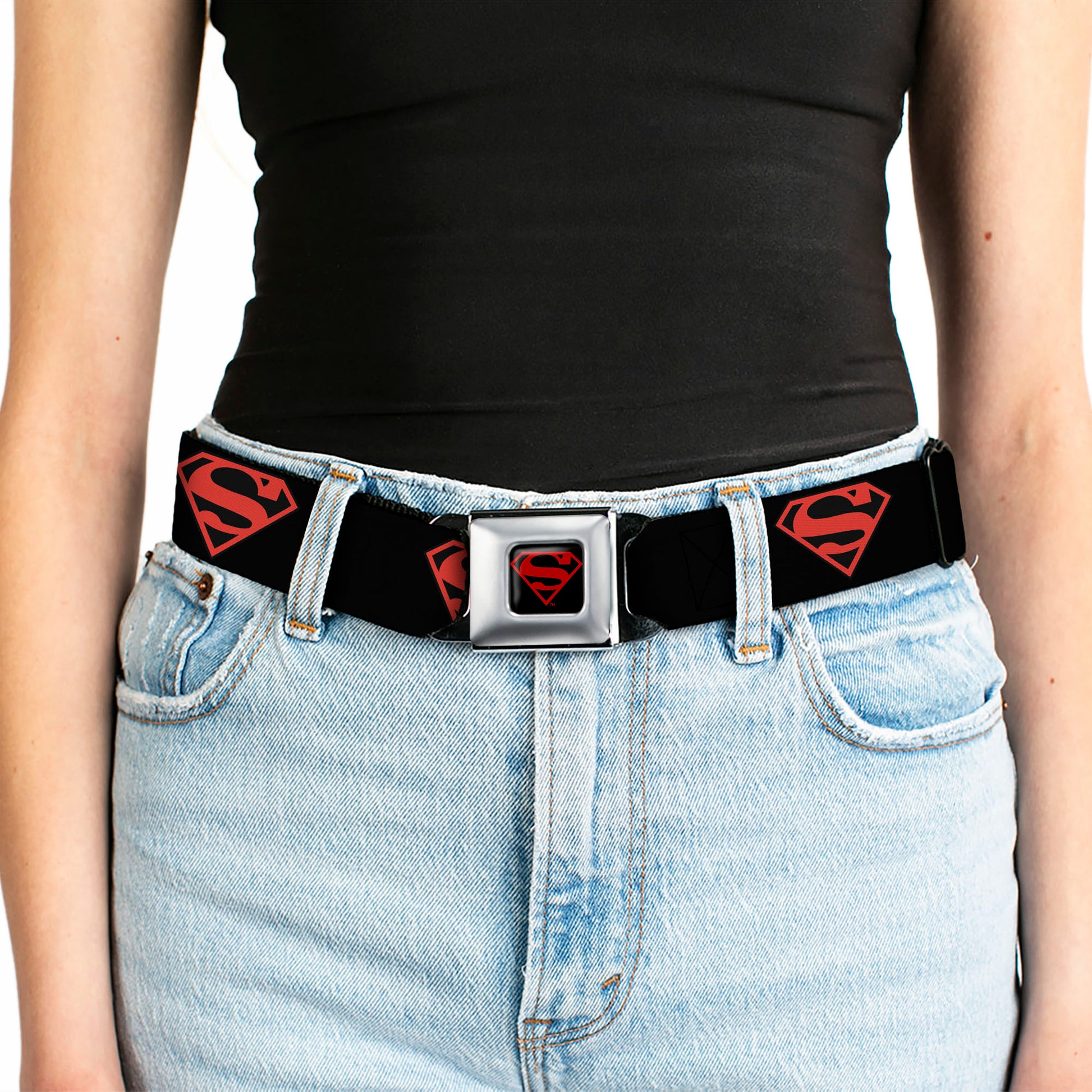 Superboy Shield Full Color Black/Red Seatbelt Belt - Superboy Shield Black/Red Webbing Seatbelt Belts DC Comics