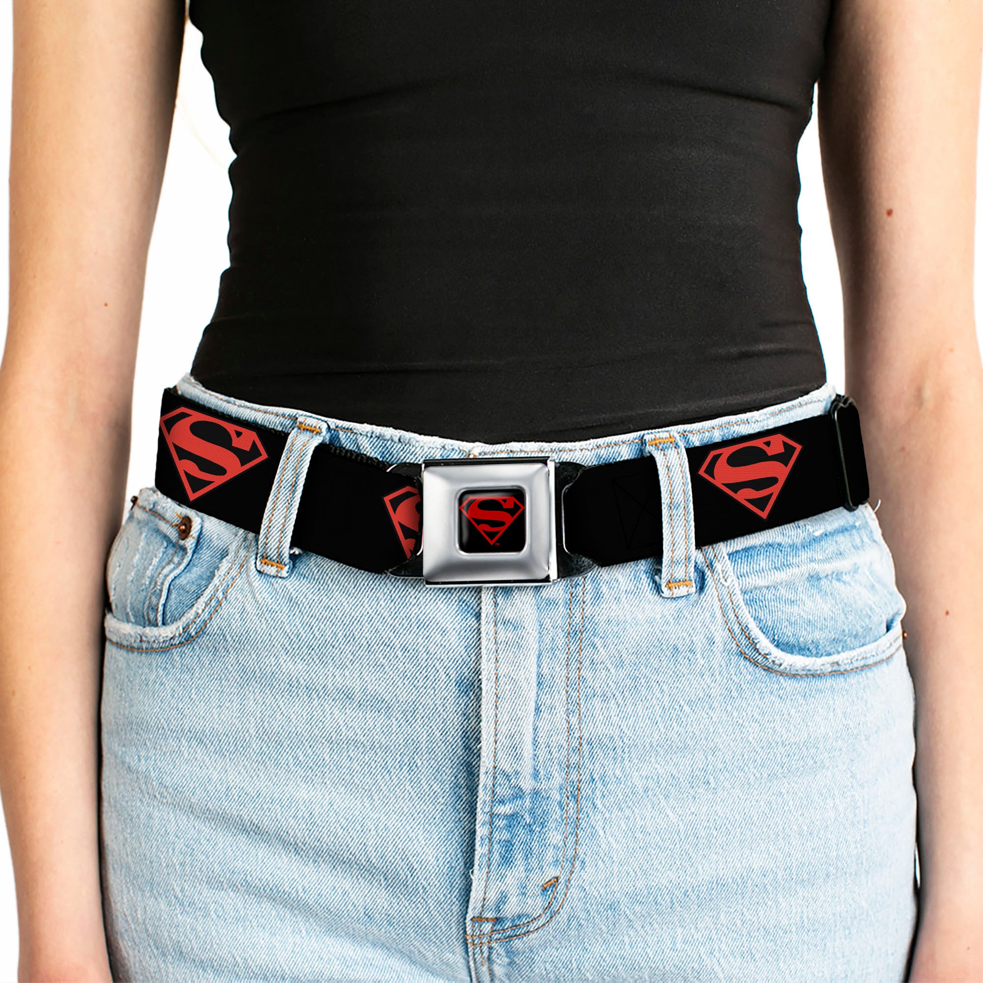 Superboy Shield Full Color Black/Red Seatbelt Belt - Superboy Shield Black/Red Webbing Seatbelt Belts DC Comics