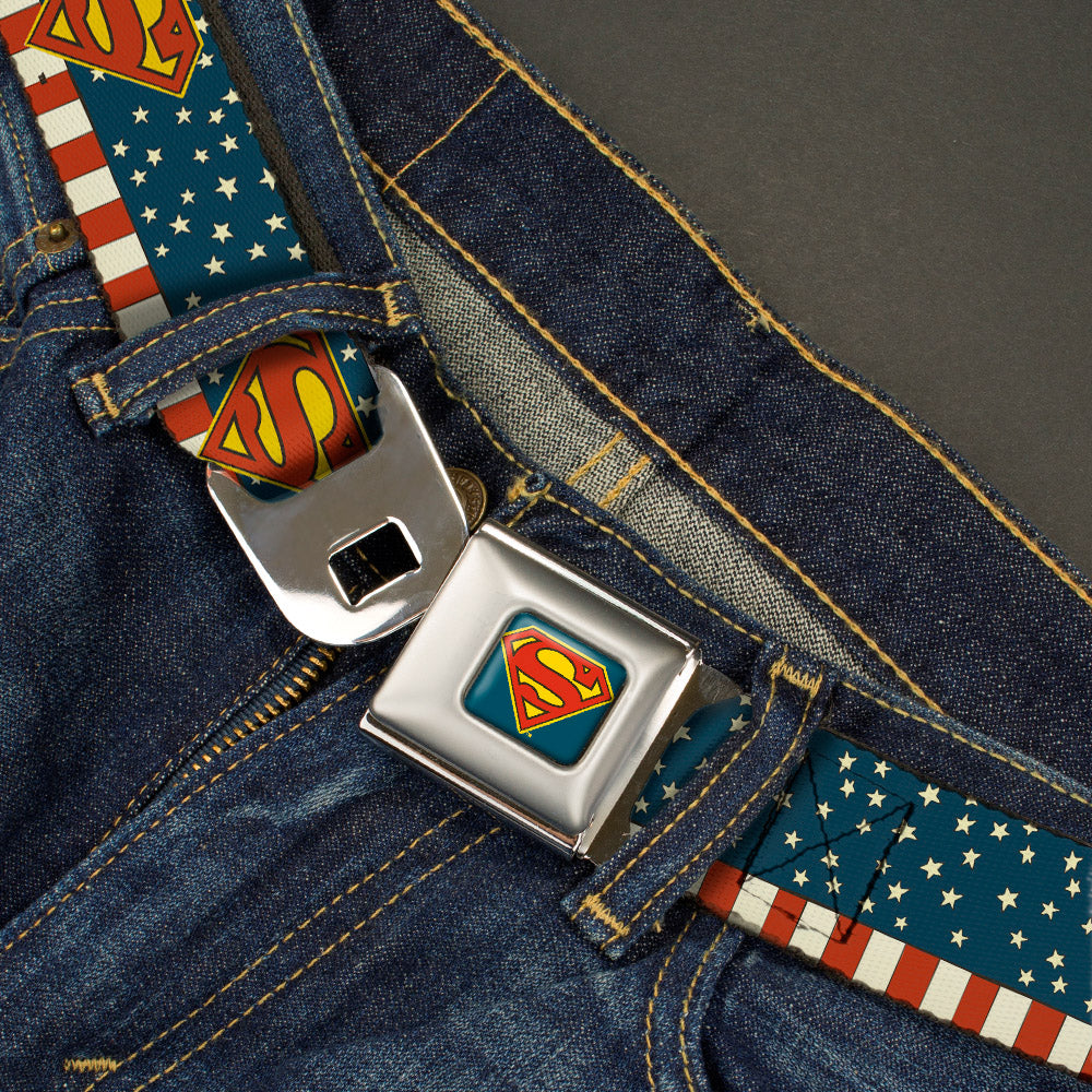 Superman Shield Full Color Americana Blue Seatbelt Belt - Superman Shield Americana Red/White/Blue/Yellow Webbing Seatbelt Belts DC Comics