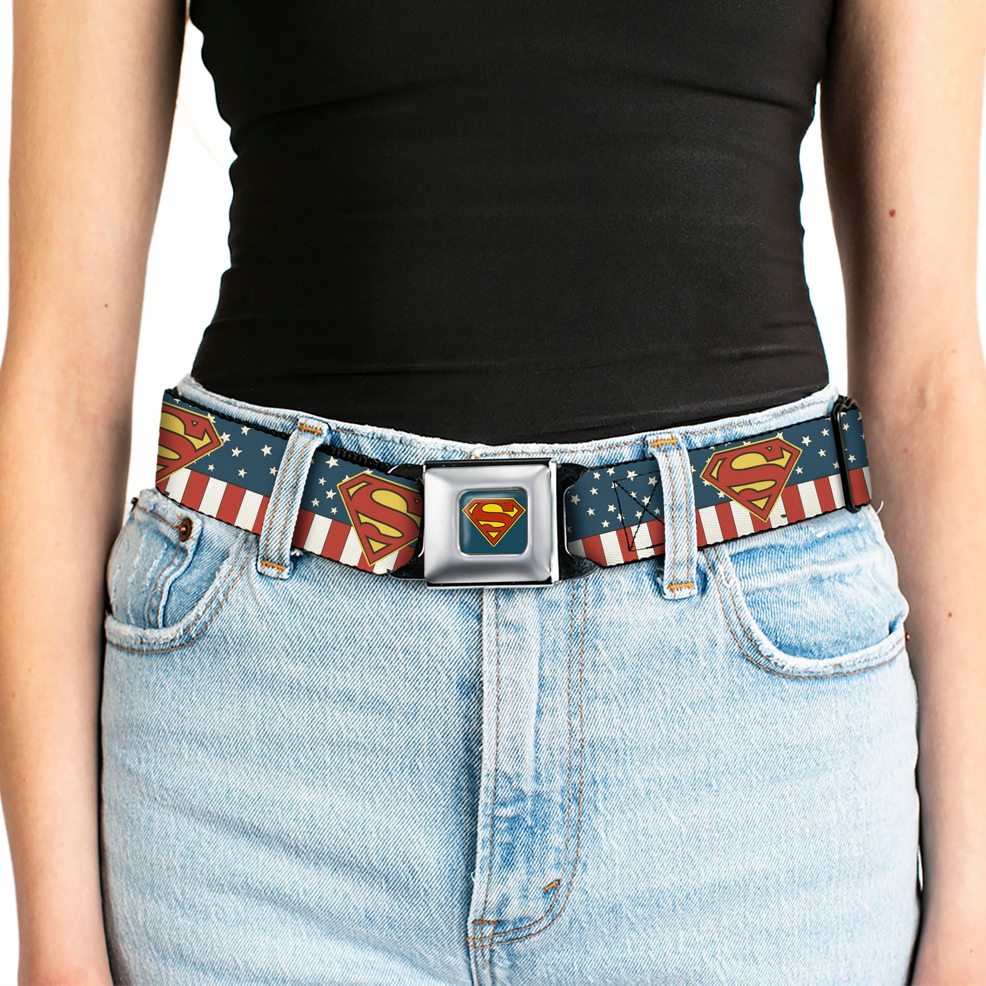 Superman Shield Full Color Americana Blue Seatbelt Belt - Superman Shield Americana Red/White/Blue/Yellow Webbing Seatbelt Belts DC Comics