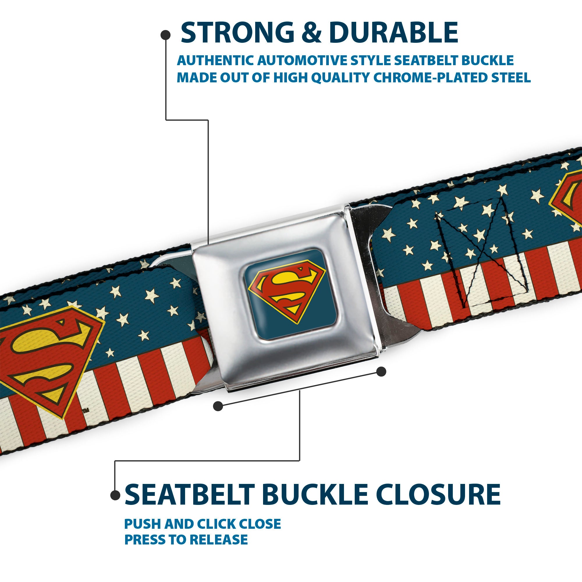Superman Shield Full Color Americana Blue Seatbelt Belt - Superman Shield Americana Red/White/Blue/Yellow Webbing Seatbelt Belts DC Comics