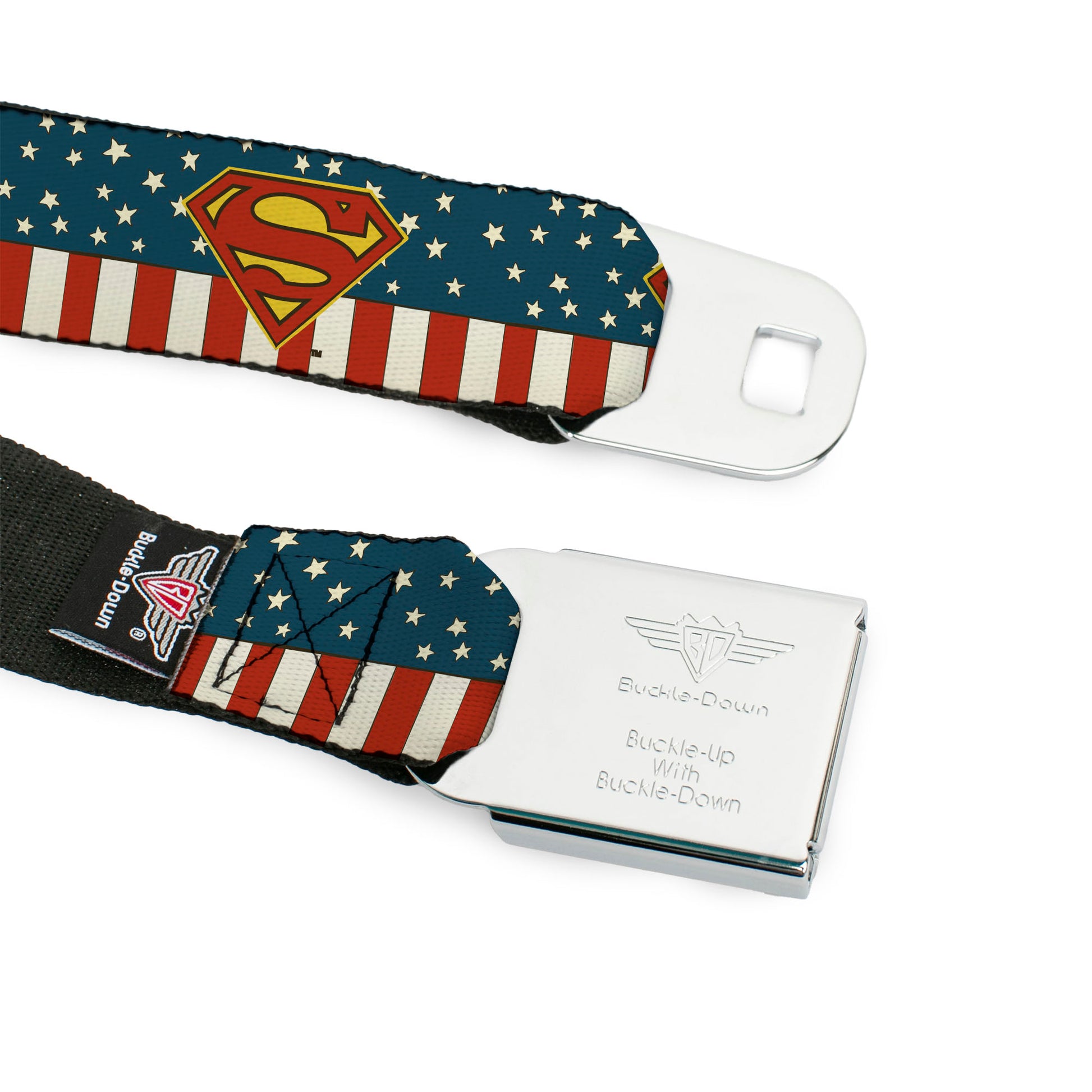 Superman Shield Full Color Americana Blue Seatbelt Belt - Superman Shield Americana Red/White/Blue/Yellow Webbing Seatbelt Belts DC Comics