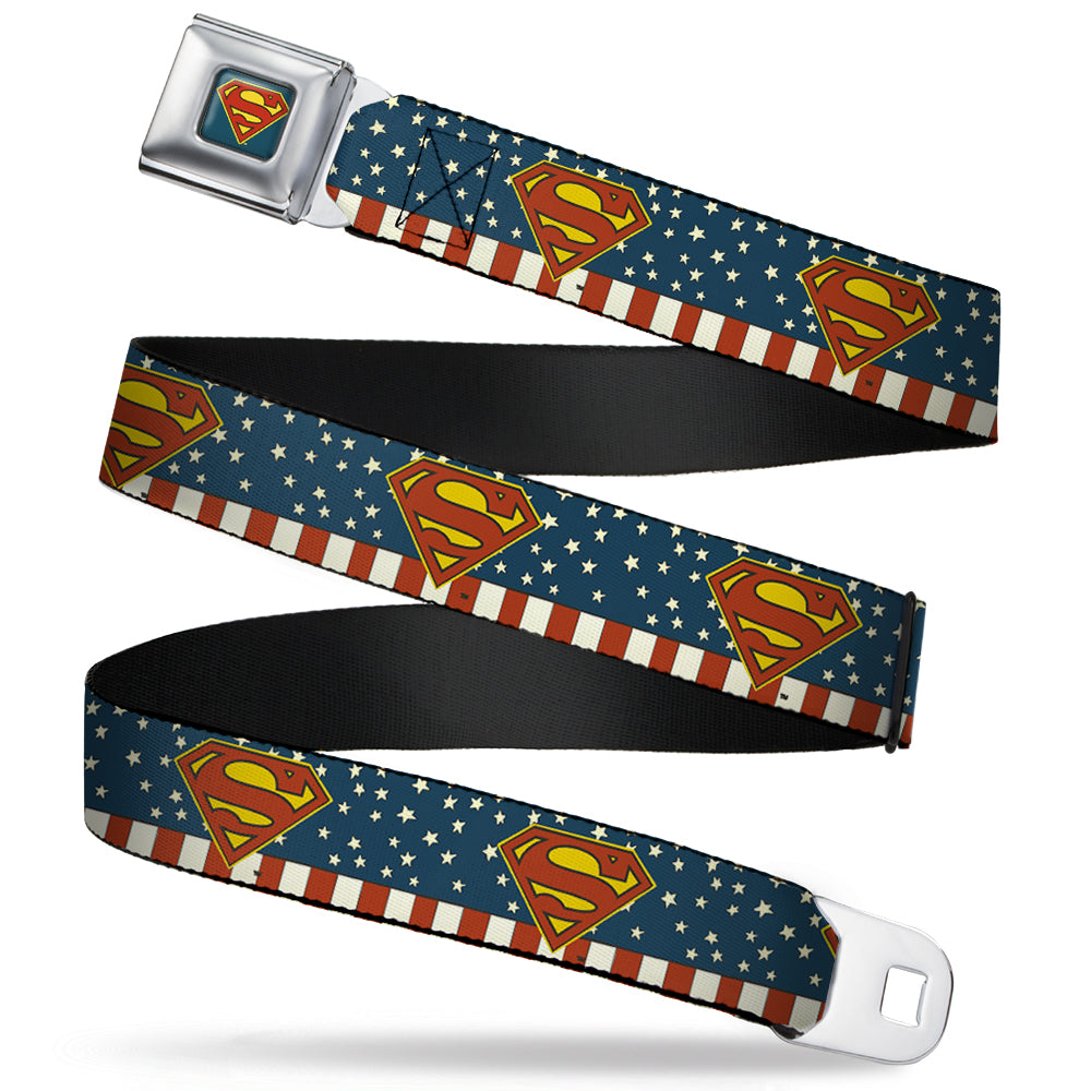 Superman Shield Full Color Americana Blue Seatbelt Belt - Superman Shield Americana Red/White/Blue/Yellow Webbing Seatbelt Belts DC Comics