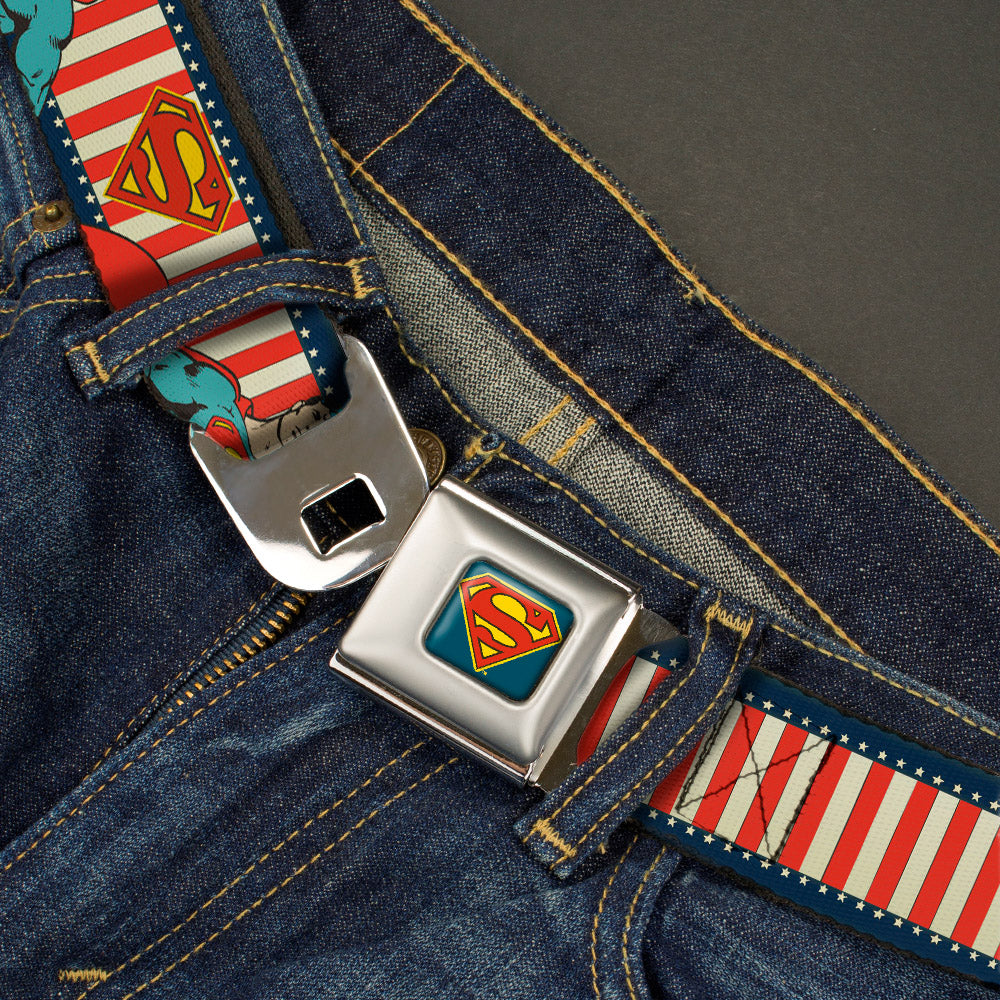 Superman Shield Full Color Americana Blue Seatbelt Belt - Superman Pose/Shield Americana Blue/White/Red/White Webbing Seatbelt Belts DC Comics