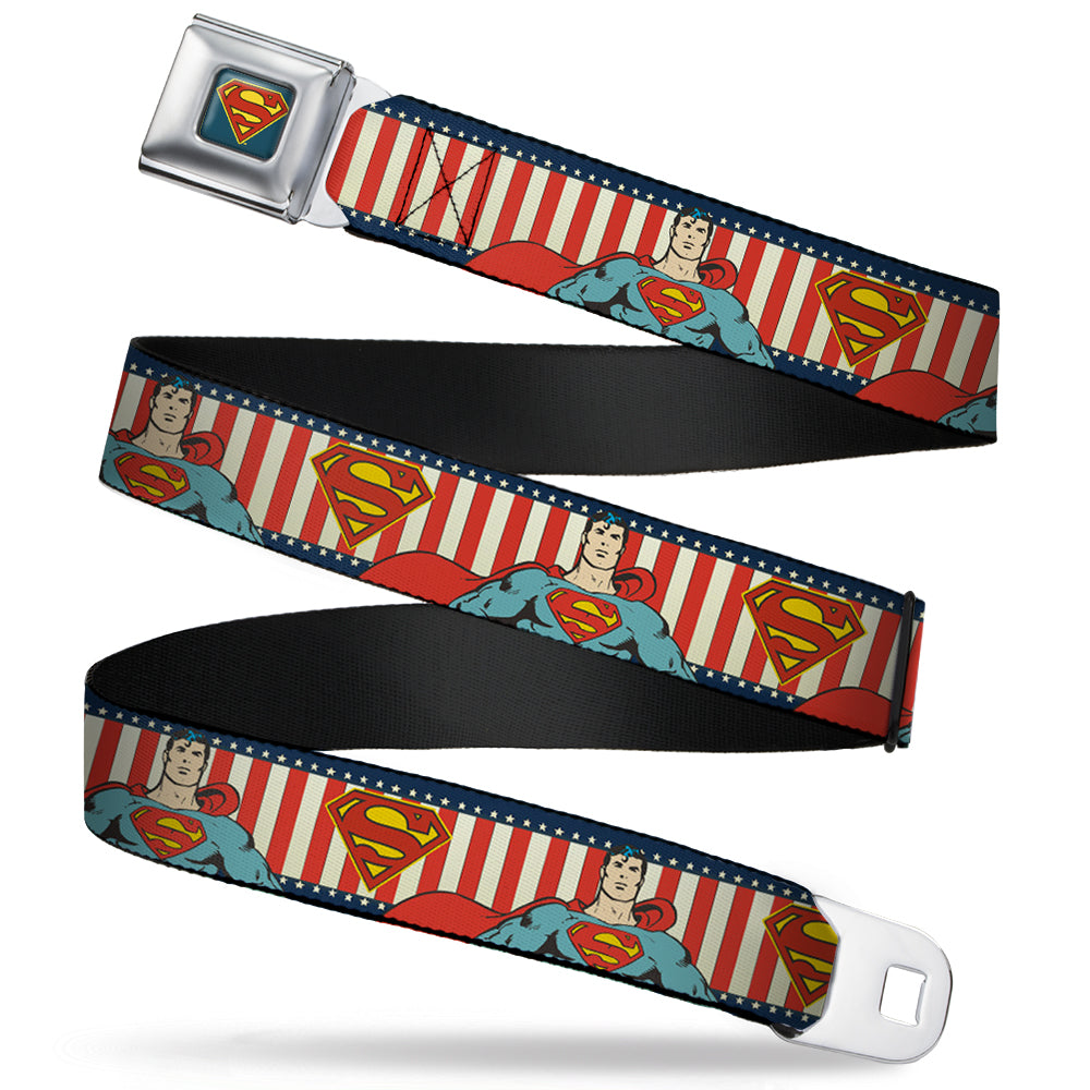 Superman Shield Full Color Americana Blue Seatbelt Belt - Superman Pose/Shield Americana Blue/White/Red/White Webbing Seatbelt Belts DC Comics