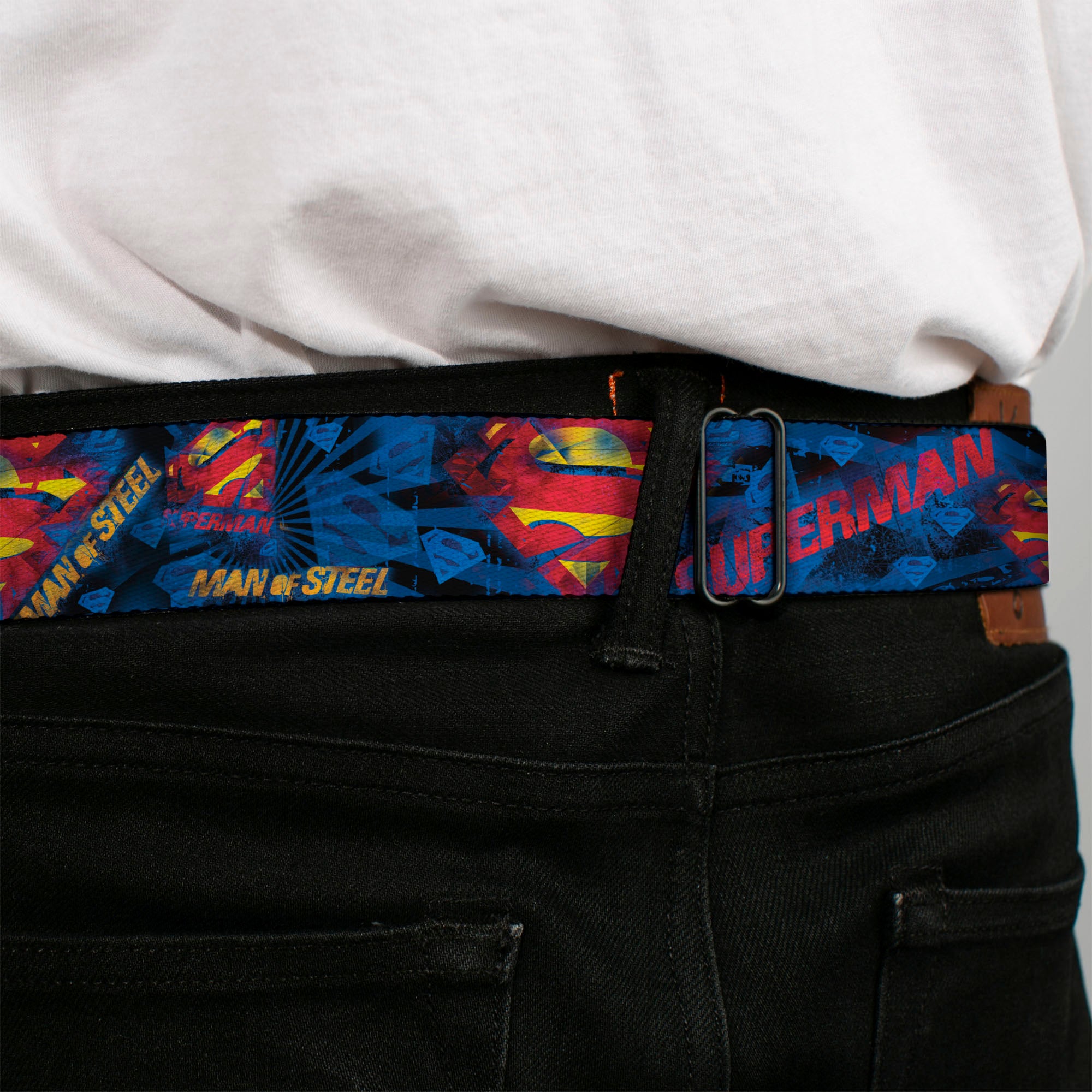Superman Shield Rays Full Color Black Blue Red Yellow Seatbelt Belt - SUPERMAN MAN OF STEEL Shield Collage/Rays Black/Blues/Reds/Yellows Webbing Seatbelt Belts DC Comics