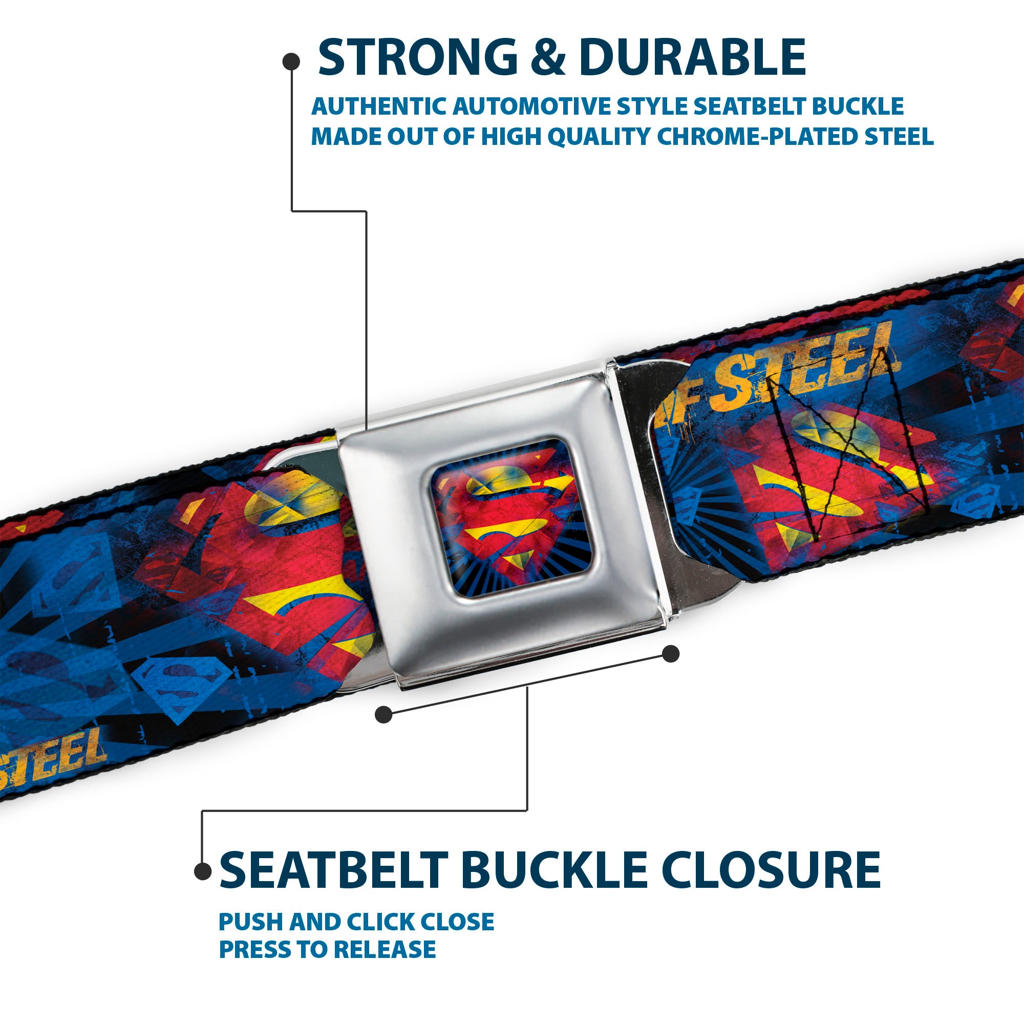 Superman Shield Rays Full Color Black Blue Red Yellow Seatbelt Belt - SUPERMAN MAN OF STEEL Shield Collage/Rays Black/Blues/Reds/Yellows Webbing Seatbelt Belts DC Comics