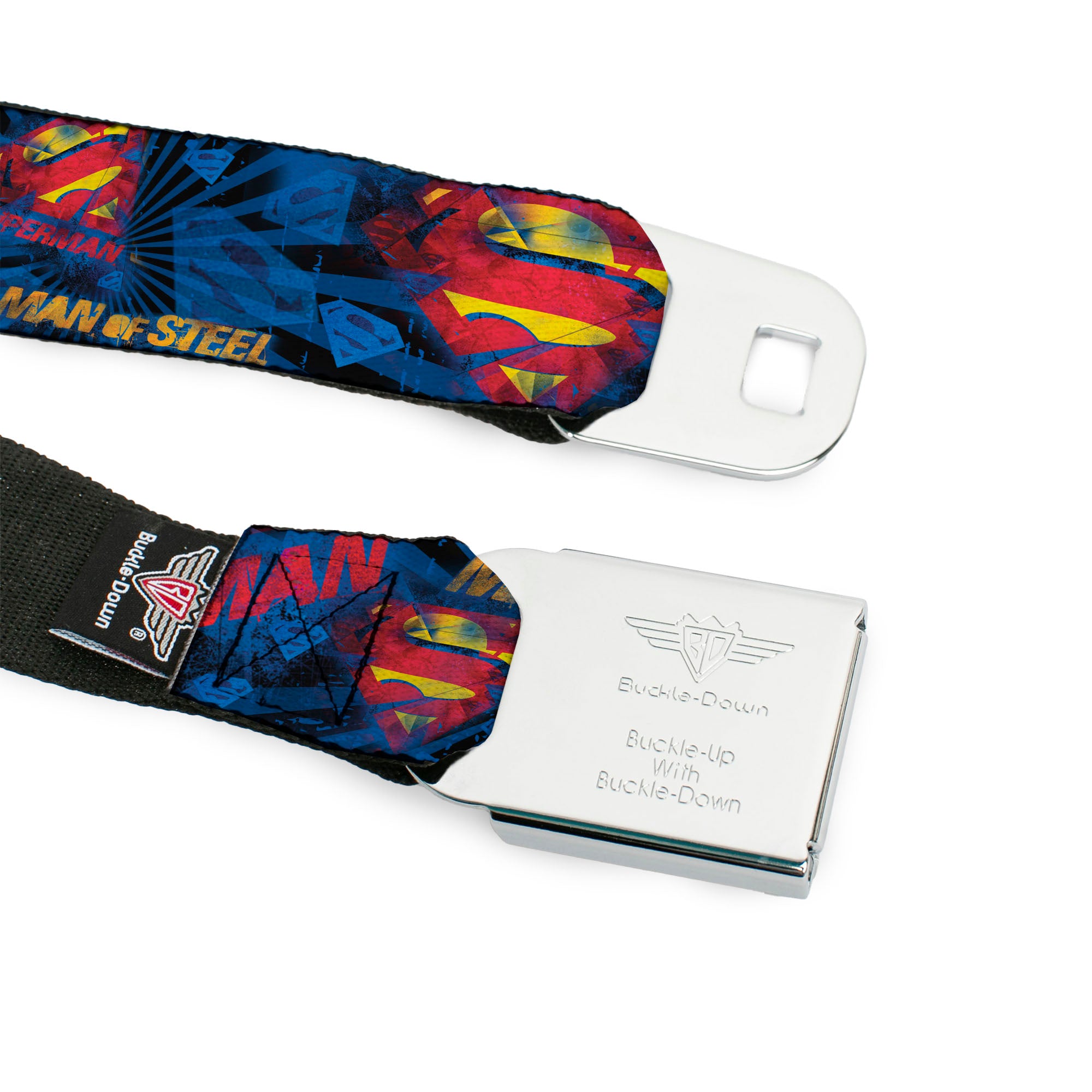 Superman Shield Rays Full Color Black Blue Red Yellow Seatbelt Belt - SUPERMAN MAN OF STEEL Shield Collage/Rays Black/Blues/Reds/Yellows Webbing Seatbelt Belts DC Comics