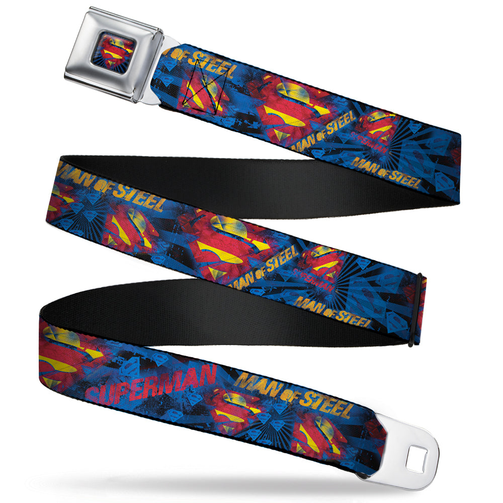 Superman Shield Rays Full Color Black Blue Red Yellow Seatbelt Belt - SUPERMAN MAN OF STEEL Shield Collage/Rays Black/Blues/Reds/Yellows Webbing Seatbelt Belts DC Comics