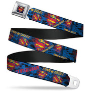 Superman Shield Rays Full Color Black Blue Red Yellow Seatbelt Belt - SUPERMAN MAN OF STEEL Shield Collage/Rays Black/Blues/Reds/Yellows Webbing Seatbelt Belts DC Comics