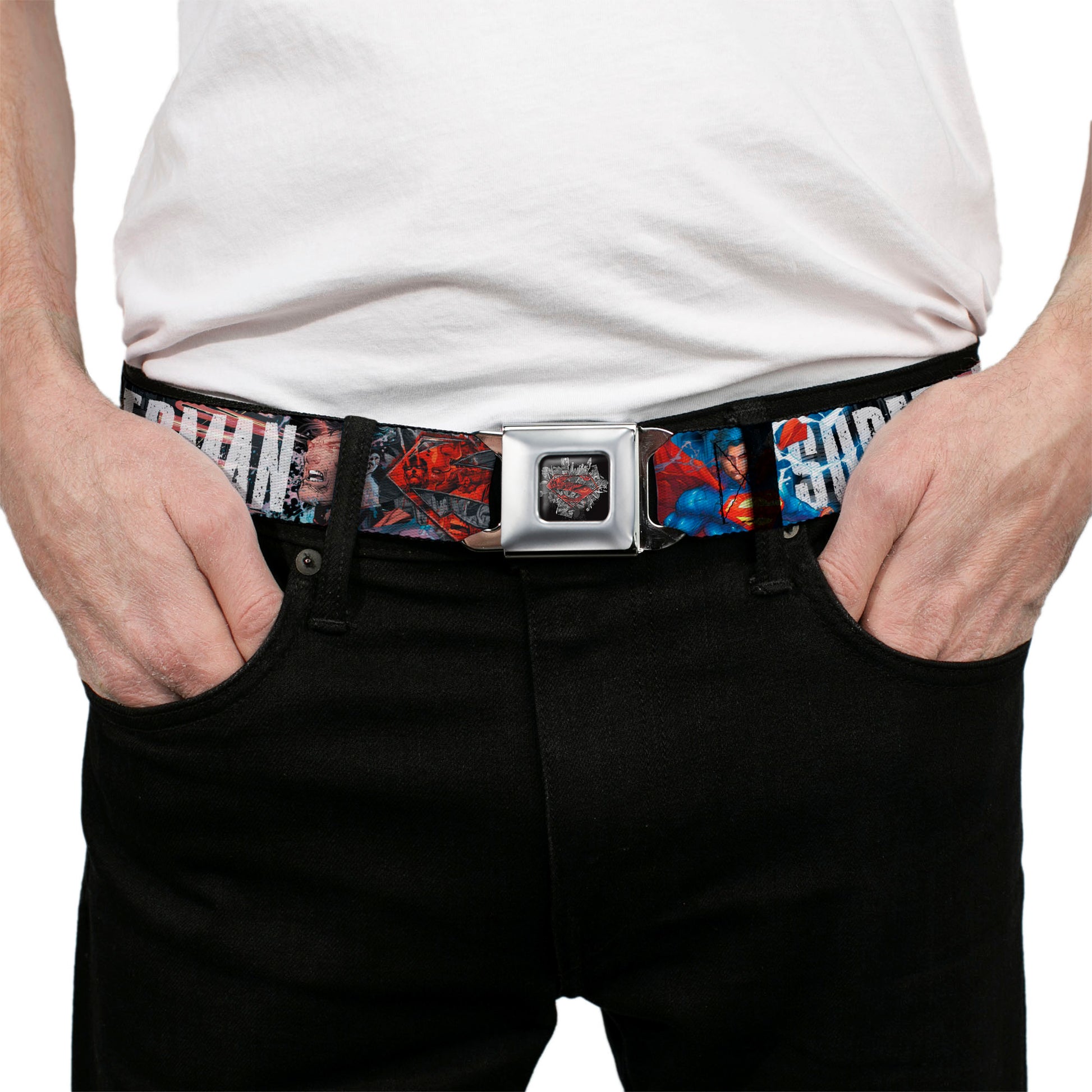 Superman Shield Comics Scenes Stacked Full Color Black Grays Red Seatbelt Belt - New 52 SUPERMAN Poses/Shield/Comic Scenes Stacked Webbing Seatbelt Belts DC Comics