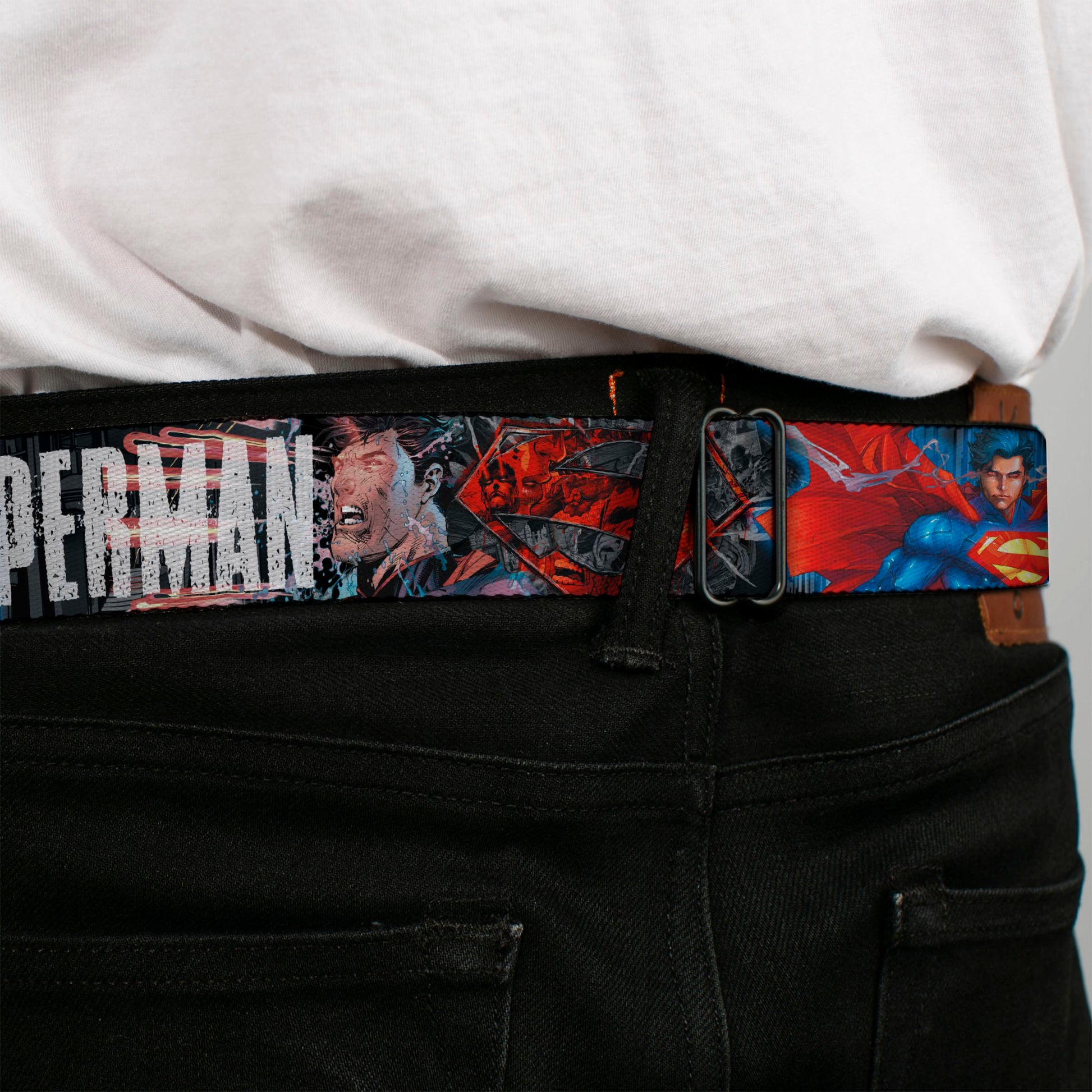 Superman Shield Comics Scenes Stacked Full Color Black Grays Red Seatbelt Belt - New 52 SUPERMAN Poses/Shield/Comic Scenes Stacked Webbing Seatbelt Belts DC Comics