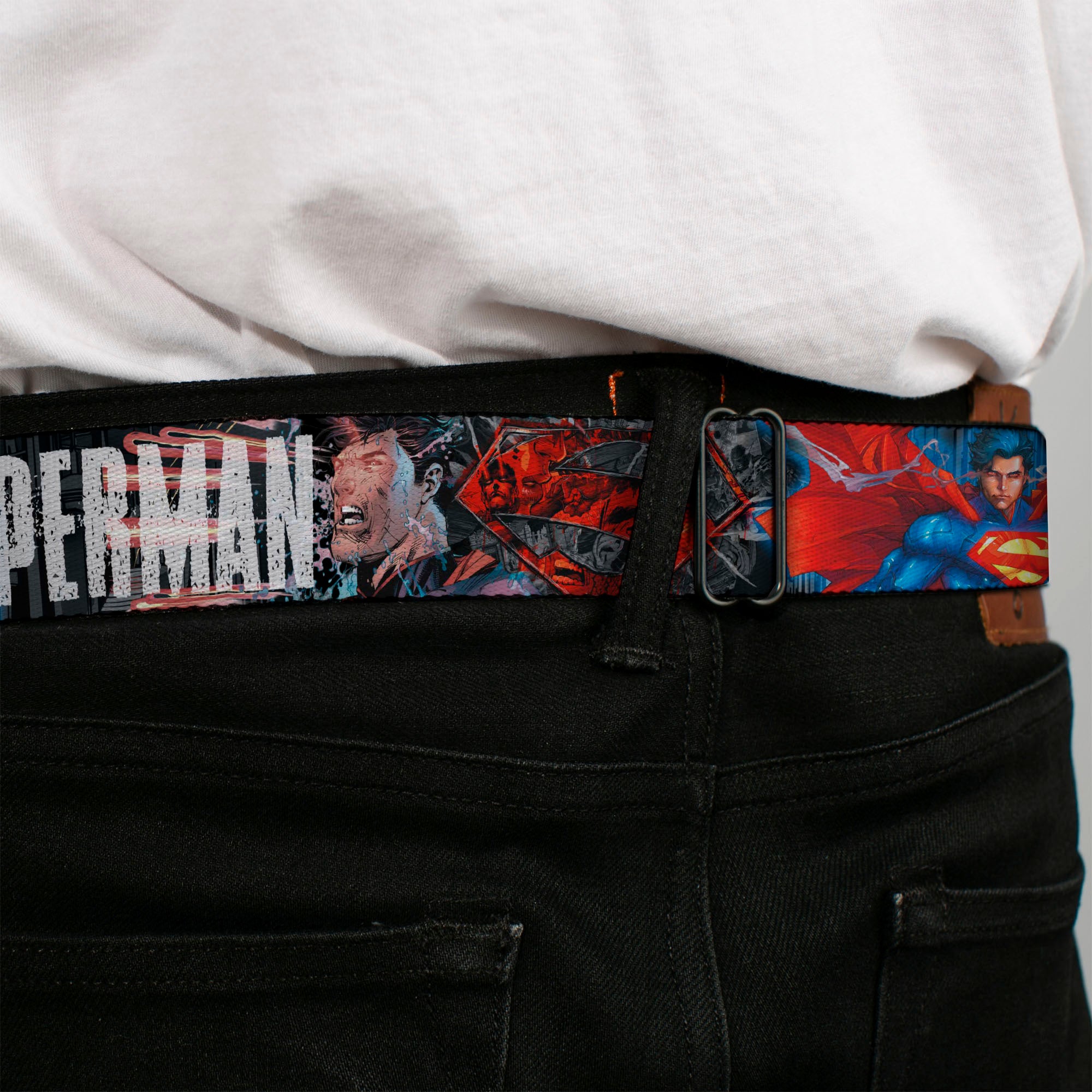 Superman Shield Comics Scenes Stacked Full Color Black Grays Red Seatbelt Belt - New 52 SUPERMAN Poses/Shield/Comic Scenes Stacked Webbing Seatbelt Belts DC Comics