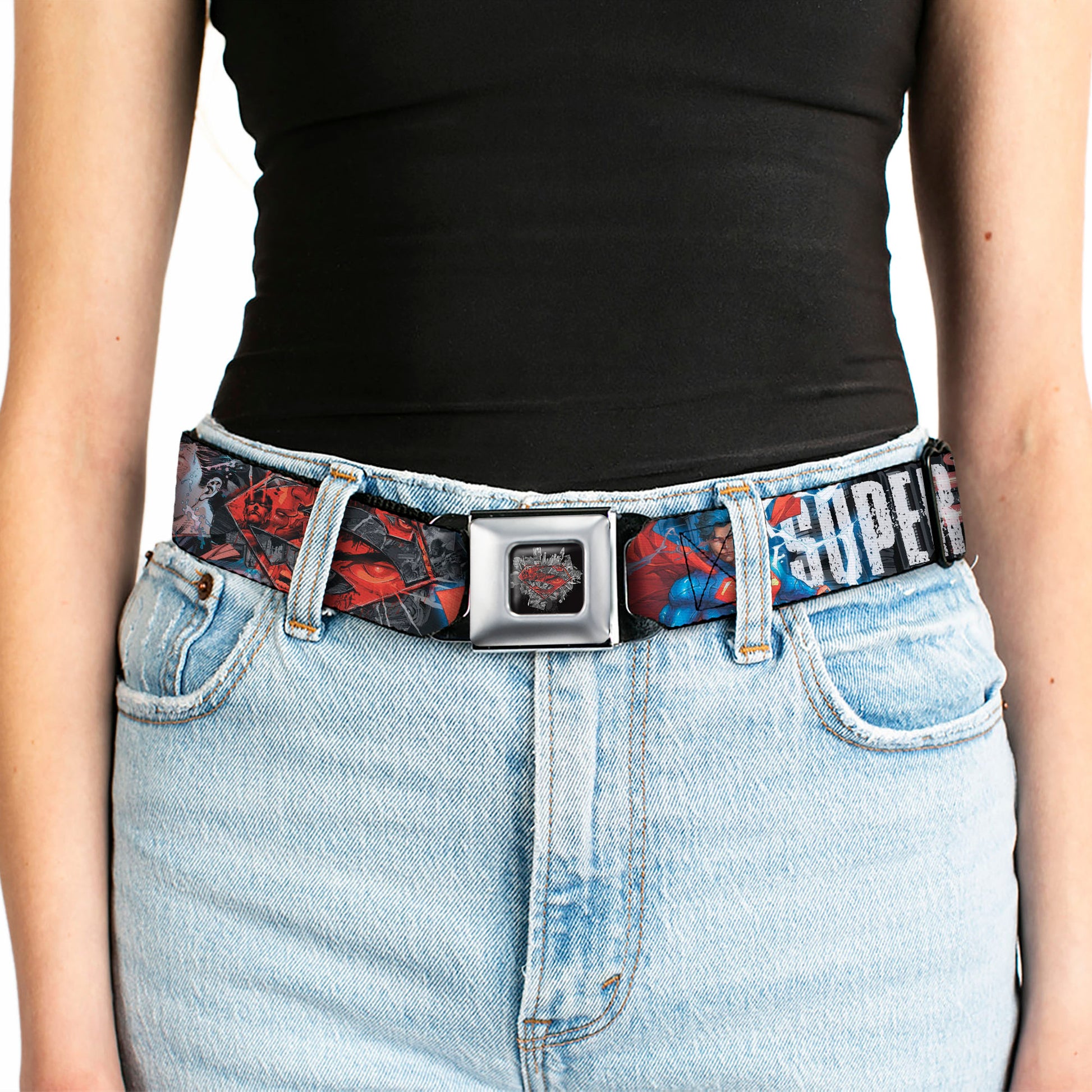 Superman Shield Comics Scenes Stacked Full Color Black Grays Red Seatbelt Belt - New 52 SUPERMAN Poses/Shield/Comic Scenes Stacked Webbing Seatbelt Belts DC Comics