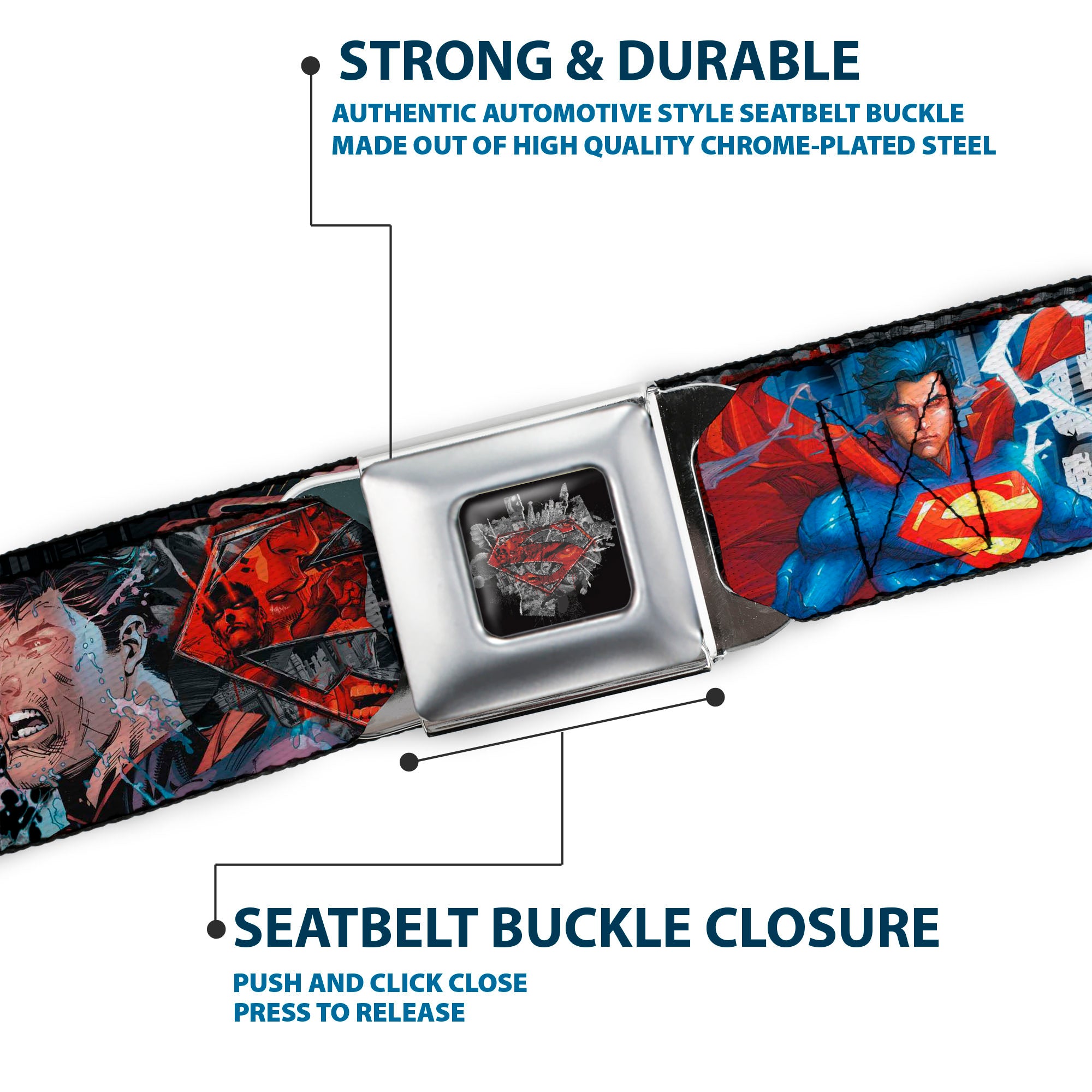 Superman Shield Comics Scenes Stacked Full Color Black Grays Red Seatbelt Belt - New 52 SUPERMAN Poses/Shield/Comic Scenes Stacked Webbing Seatbelt Belts DC Comics