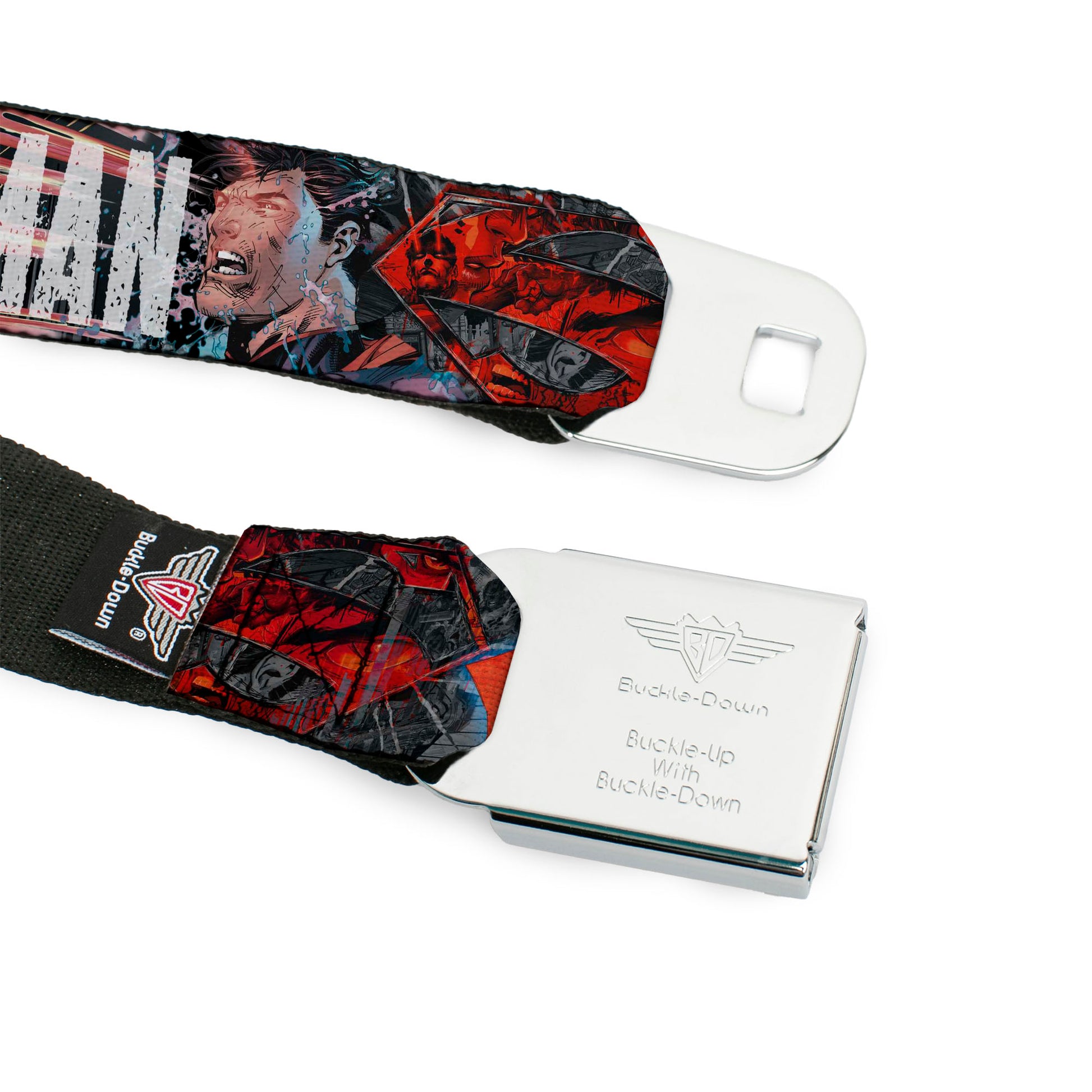 Superman Shield Comics Scenes Stacked Full Color Black Grays Red Seatbelt Belt - New 52 SUPERMAN Poses/Shield/Comic Scenes Stacked Webbing Seatbelt Belts DC Comics