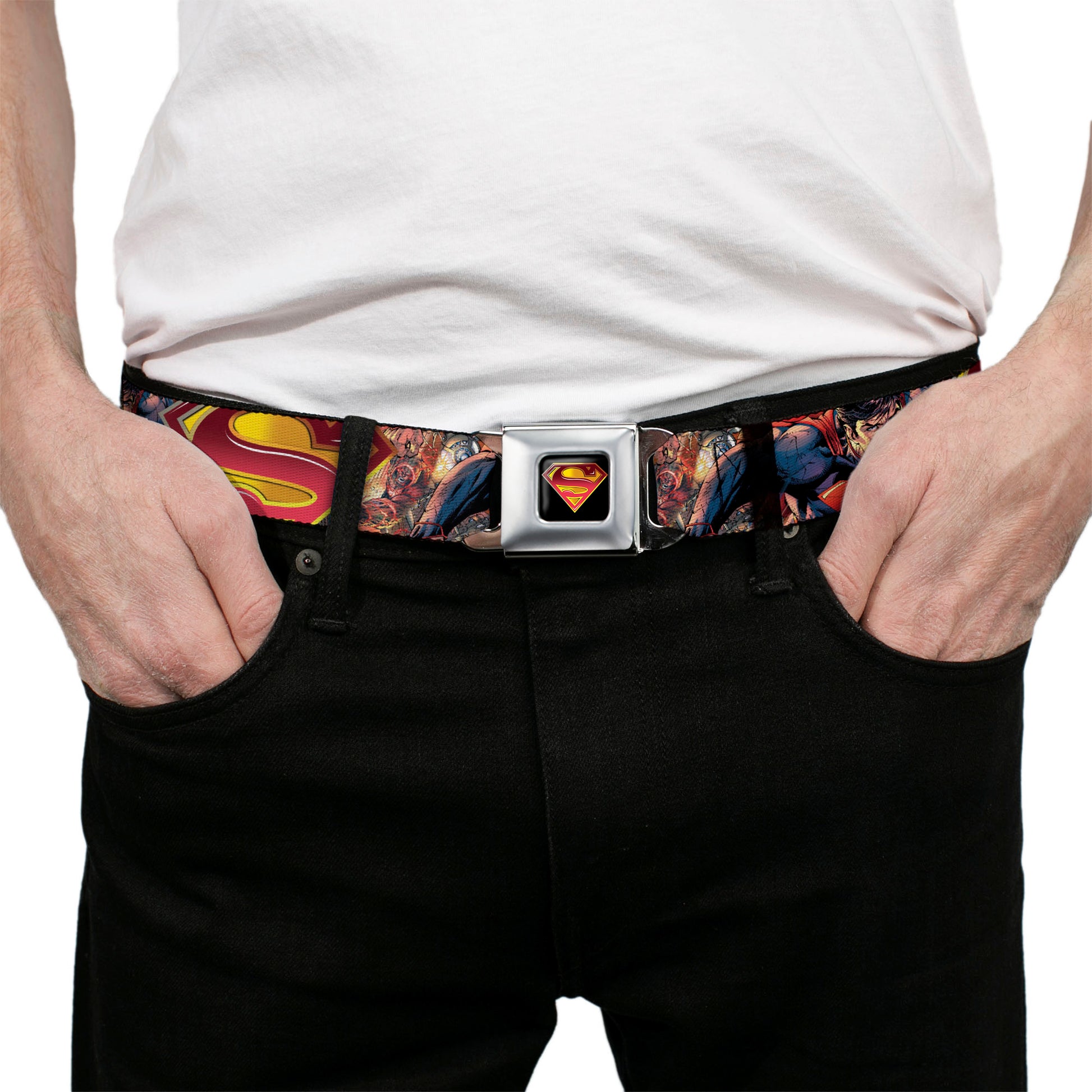 Superman Shield Full Color Black Golds Reds White Seatbelt Belt - Superman Unchained Explosion Action Pose/Wraith/Shield Golds/Reds Webbing Seatbelt Belts DC Comics