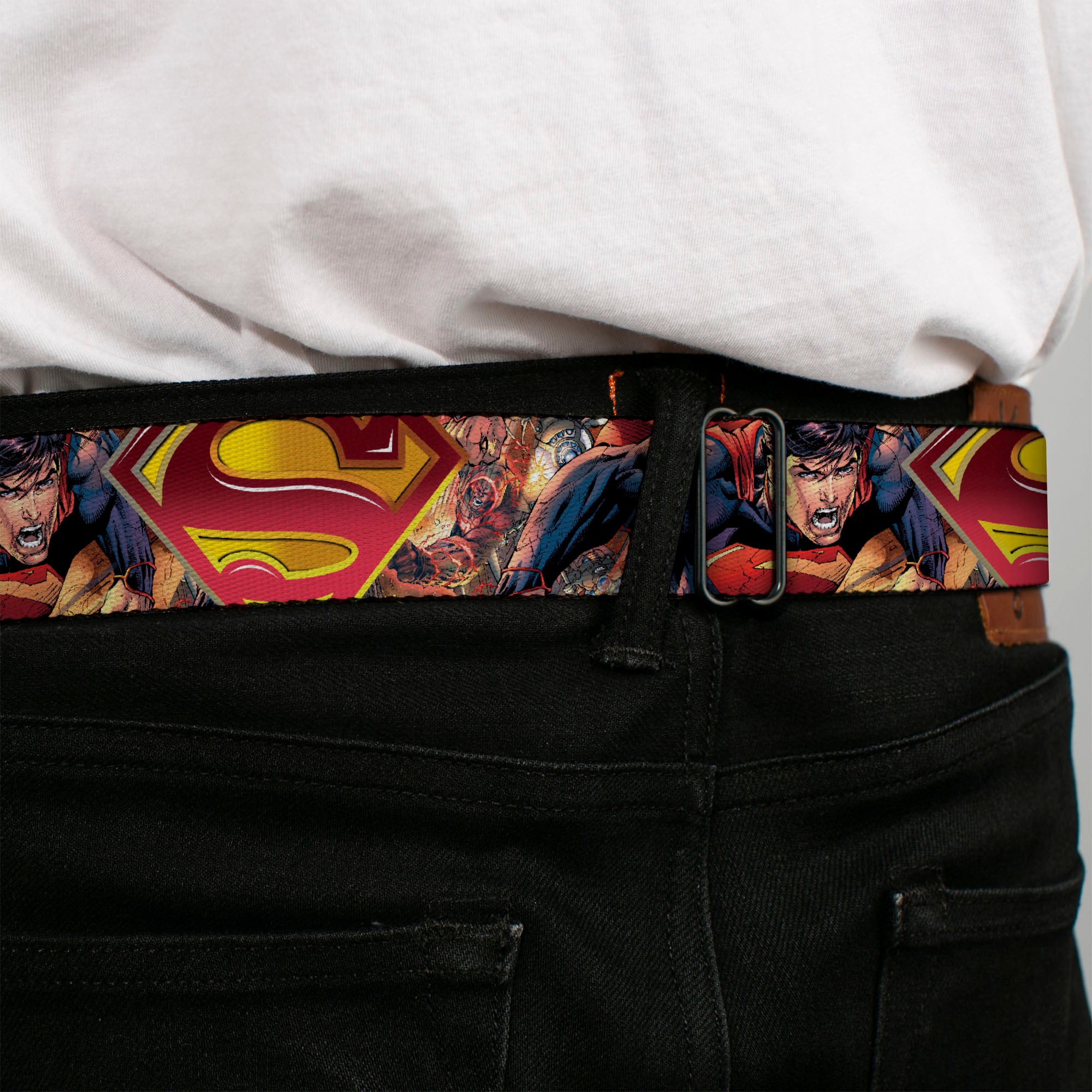 Superman Shield Full Color Black Golds Reds White Seatbelt Belt - Superman Unchained Explosion Action Pose/Wraith/Shield Golds/Reds Webbing Seatbelt Belts DC Comics
