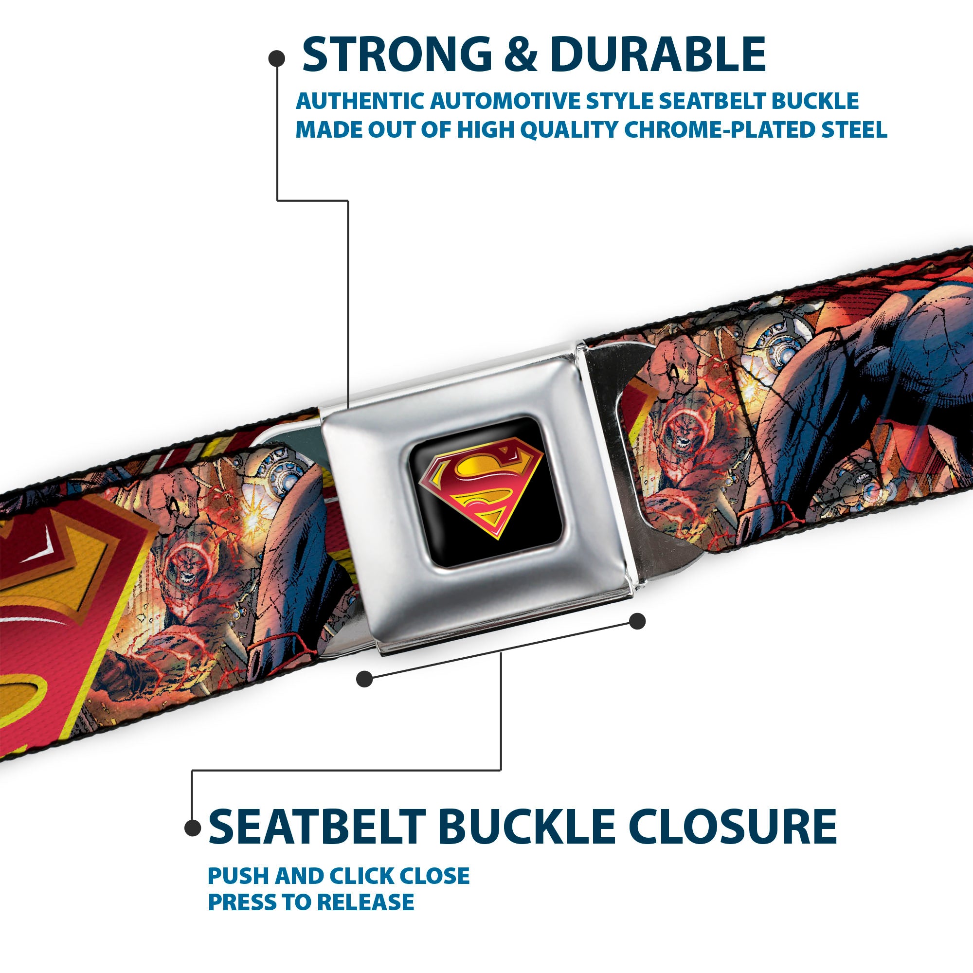 Superman Shield Full Color Black Golds Reds White Seatbelt Belt - Superman Unchained Explosion Action Pose/Wraith/Shield Golds/Reds Webbing Seatbelt Belts DC Comics