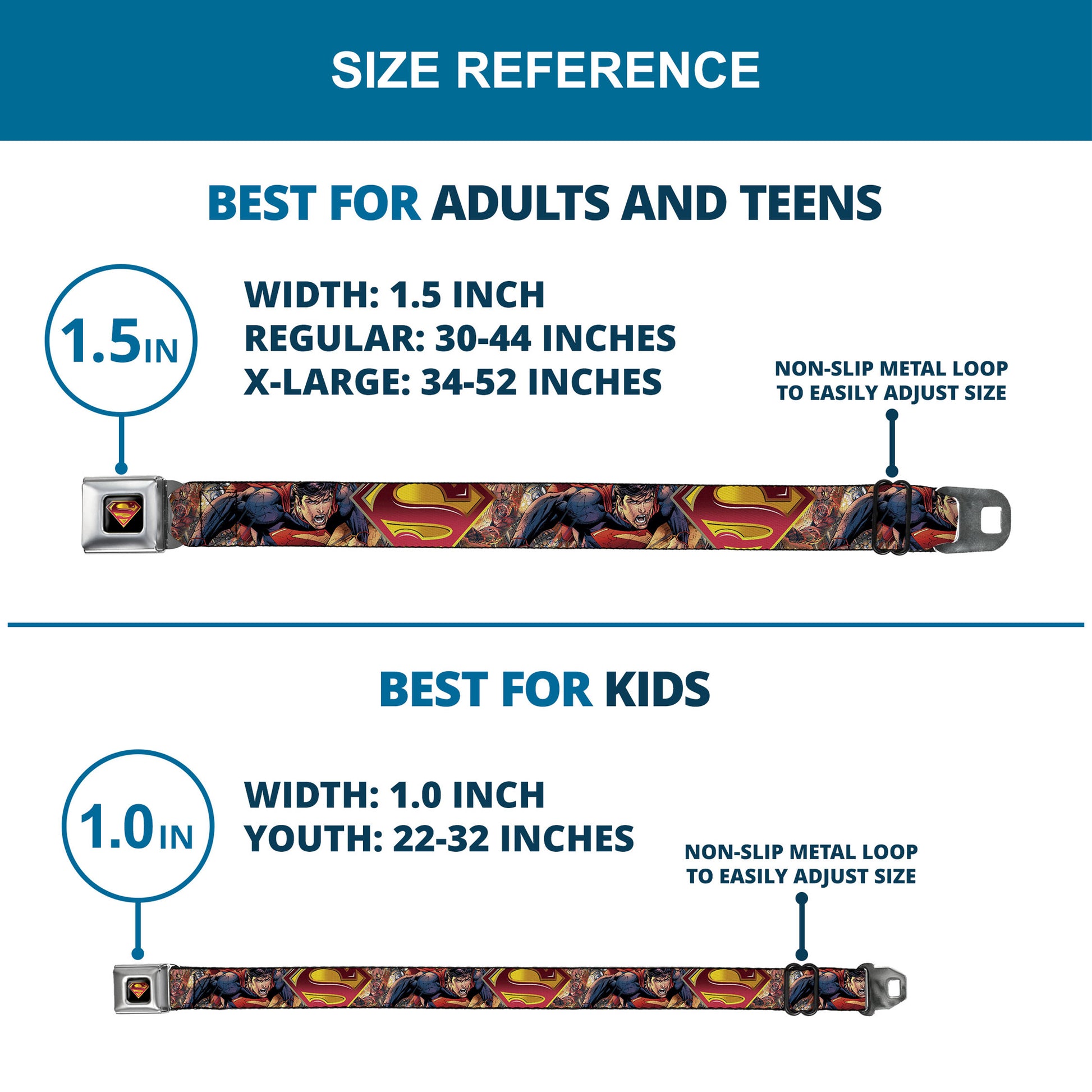 Superman Shield Full Color Black Golds Reds White Seatbelt Belt - Superman Unchained Explosion Action Pose/Wraith/Shield Golds/Reds Webbing Seatbelt Belts DC Comics