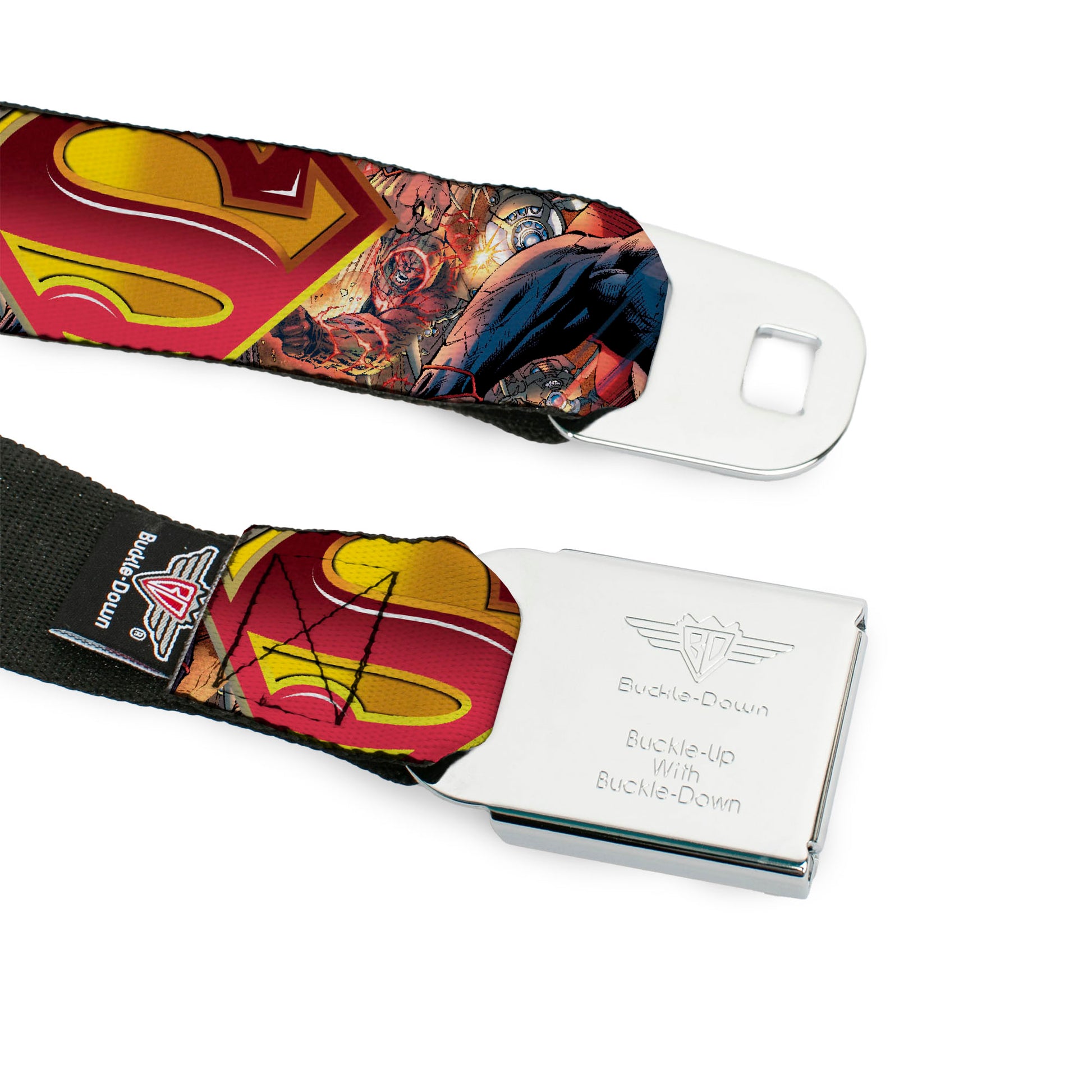 Superman Shield Full Color Black Golds Reds White Seatbelt Belt - Superman Unchained Explosion Action Pose/Wraith/Shield Golds/Reds Webbing Seatbelt Belts DC Comics