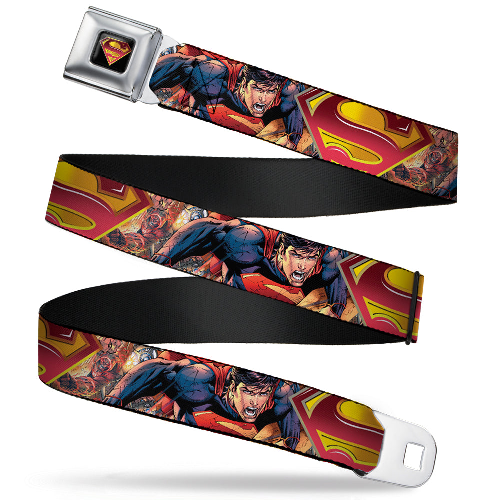 Superman Shield Full Color Black Golds Reds White Seatbelt Belt - Superman Unchained Explosion Action Pose/Wraith/Shield Golds/Reds Webbing Seatbelt Belts DC Comics