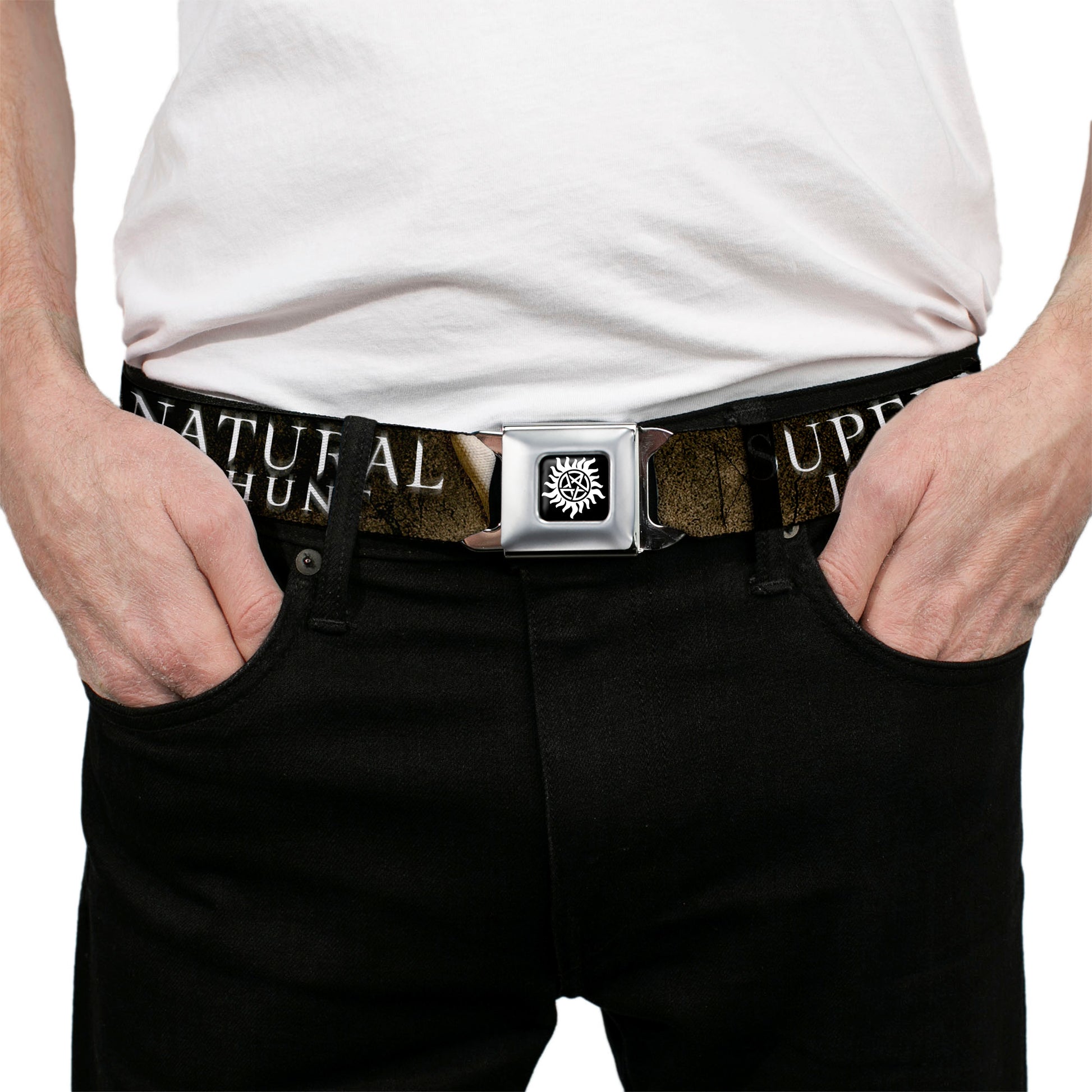Winchester Logo Full Color Black White Seatbelt Belt - SUPERNATURAL-JOIN THE HUNT/White Snake Webbing Seatbelt Belts Supernatural