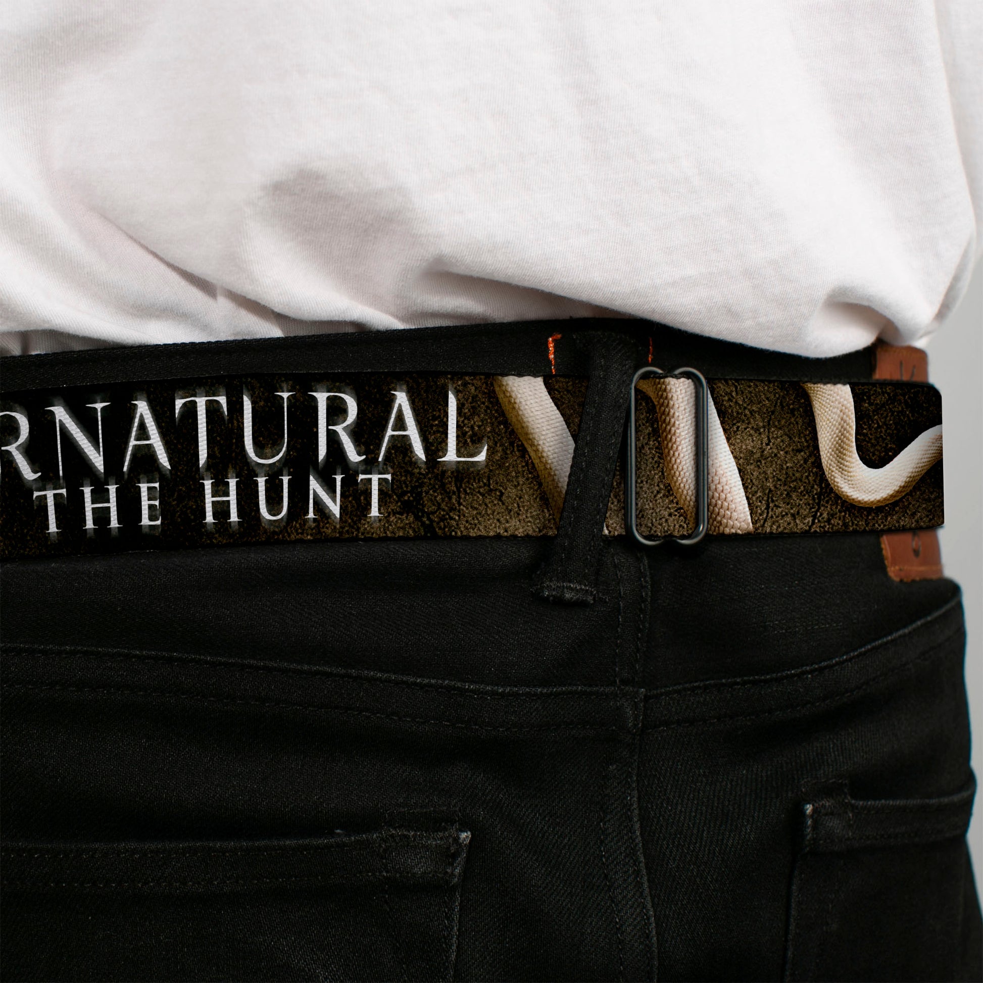 Winchester Logo Full Color Black White Seatbelt Belt - SUPERNATURAL-JOIN THE HUNT/White Snake Webbing Seatbelt Belts Supernatural