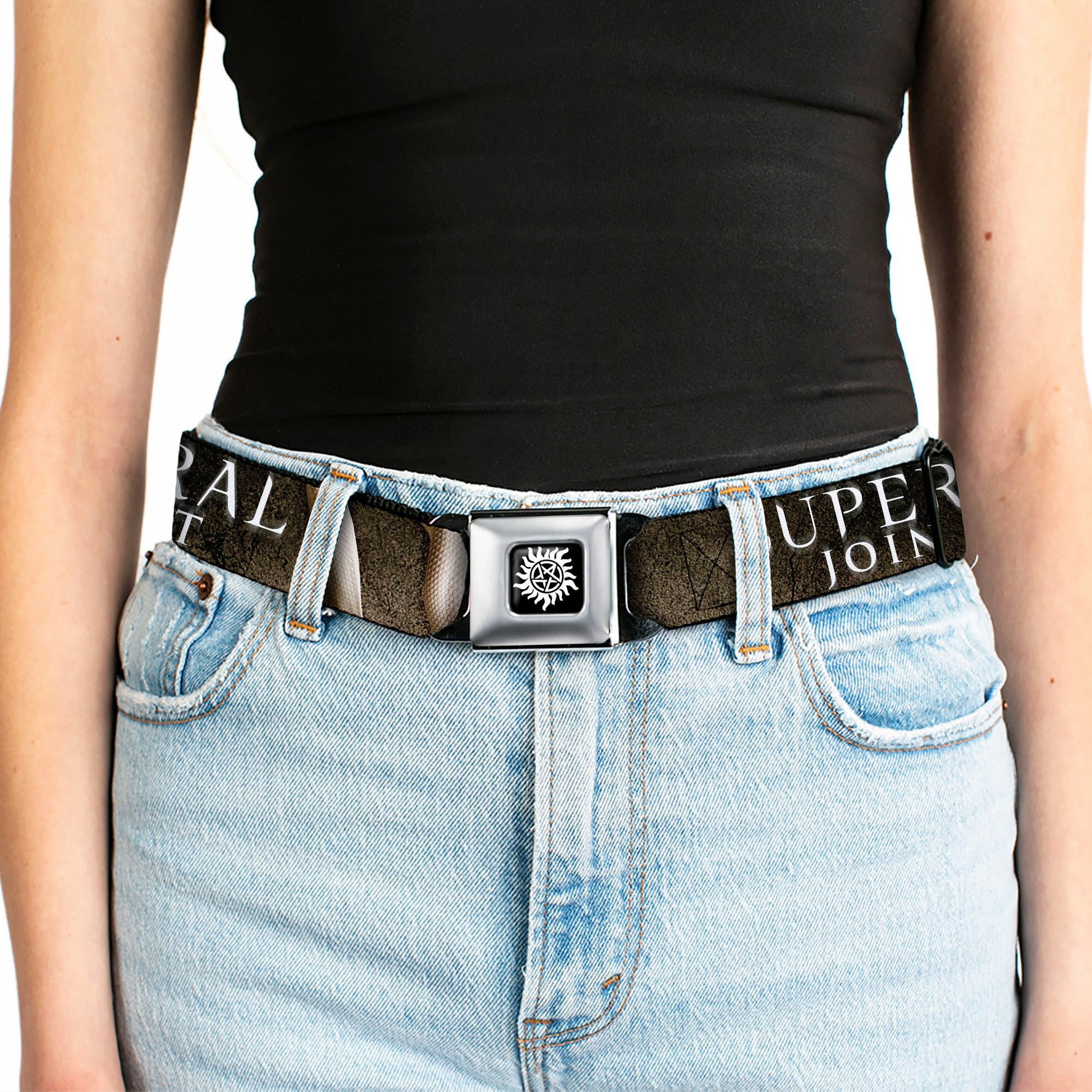 Winchester Logo Full Color Black White Seatbelt Belt - SUPERNATURAL-JOIN THE HUNT/White Snake Webbing Seatbelt Belts Supernatural