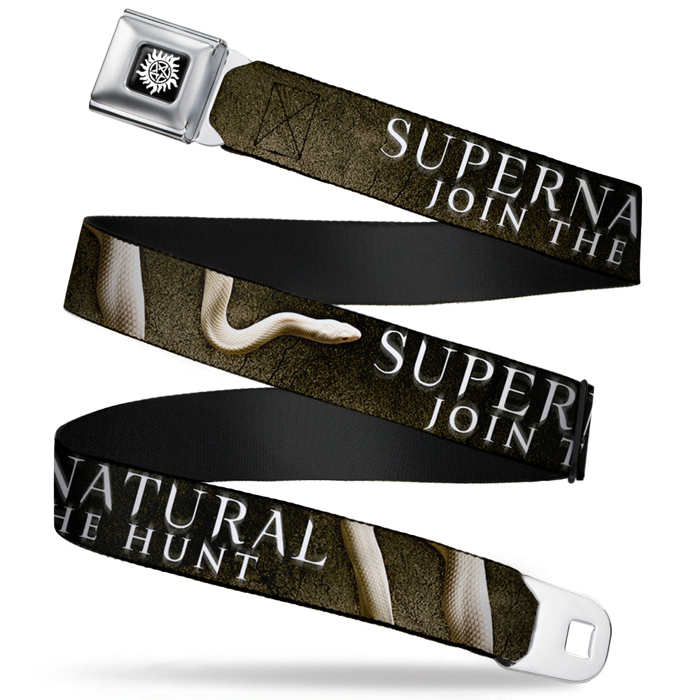 Winchester Logo Full Color Black White Seatbelt Belt - SUPERNATURAL-JOIN THE HUNT/White Snake Webbing Seatbelt Belts Supernatural