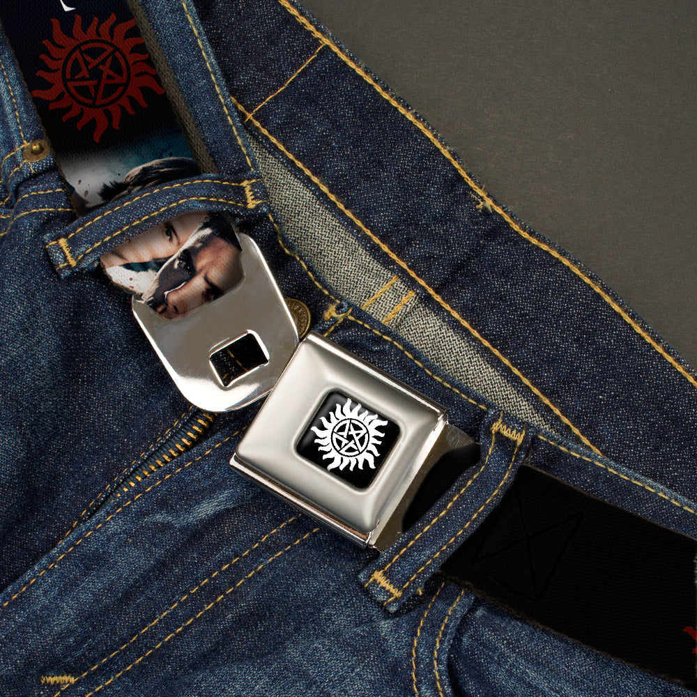 Winchester Logo Full Color Black White Seatbelt Belt - Winchester Brothers Faces CLOSE-UP & Logo Webbing Seatbelt Belts Supernatural