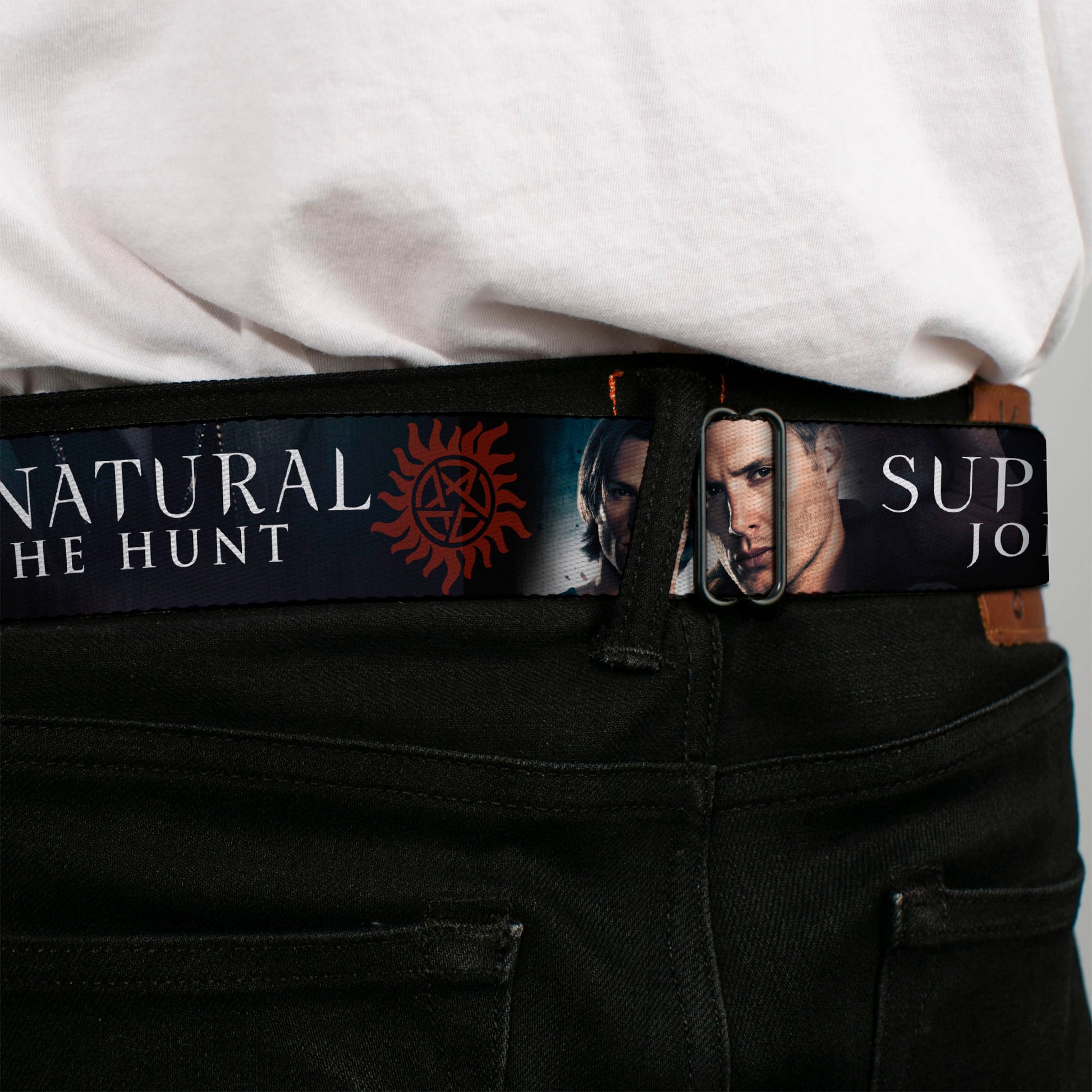 Winchester Logo Full Color Black White Seatbelt Belt - Winchester Brothers Faces CLOSE-UP & Logo Webbing Seatbelt Belts Supernatural