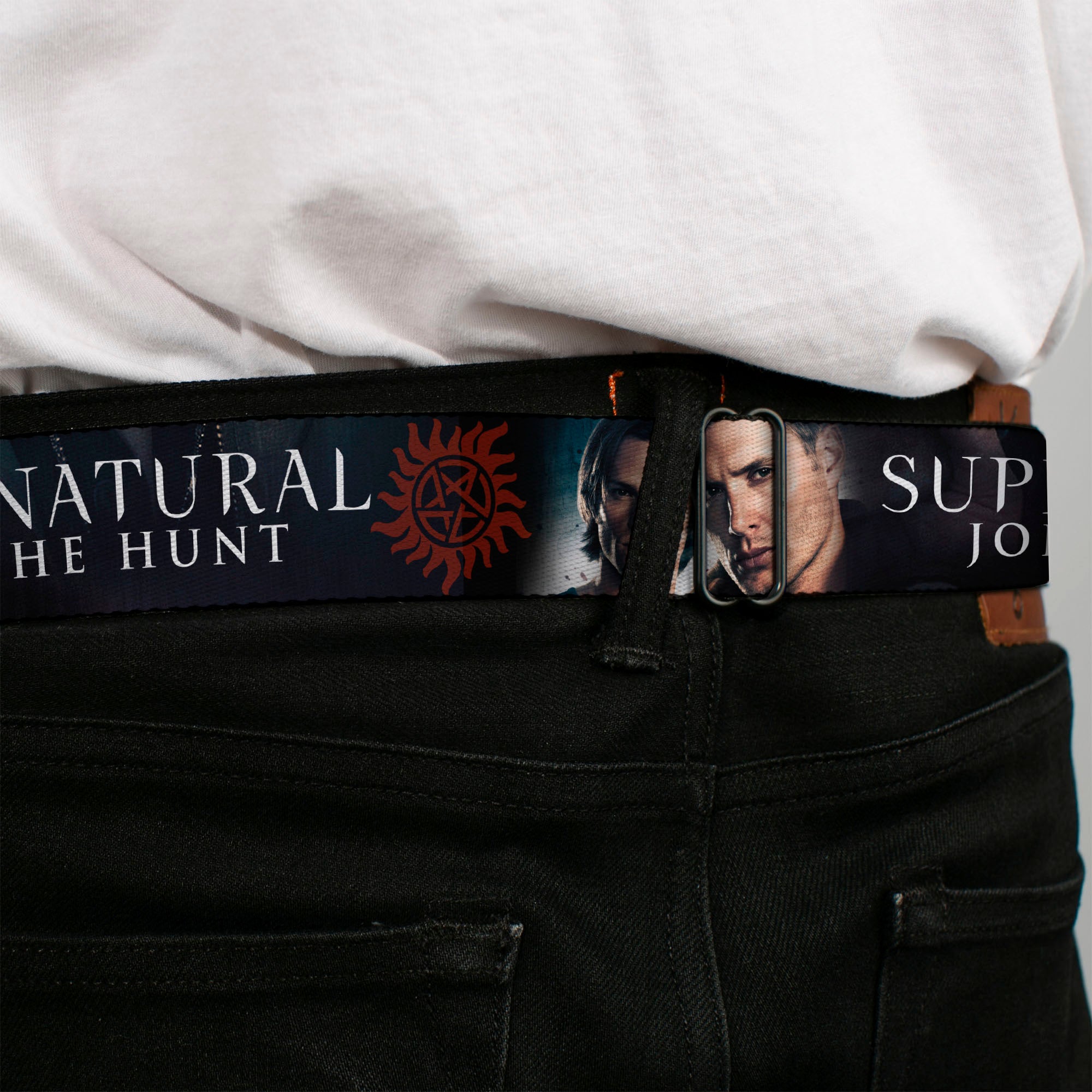 Winchester Logo Full Color Black White Seatbelt Belt - Winchester Brothers Faces CLOSE-UP & Logo Webbing Seatbelt Belts Supernatural