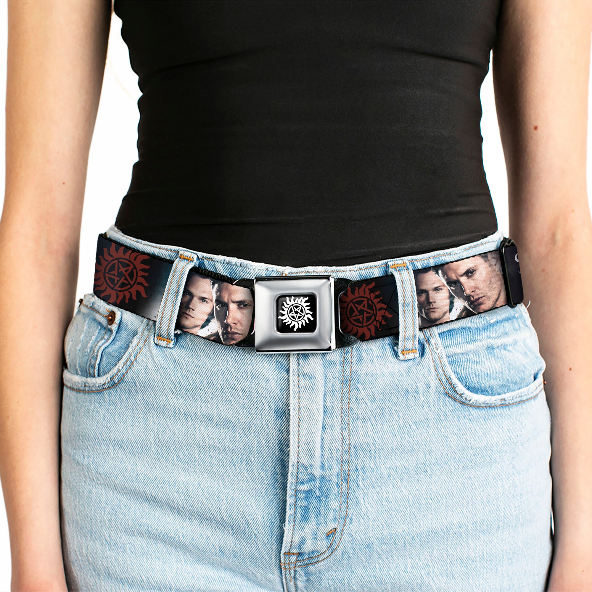 Winchester Logo Full Color Black White Seatbelt Belt - Winchester Brothers Faces CLOSE-UP & Logo Webbing Seatbelt Belts Supernatural