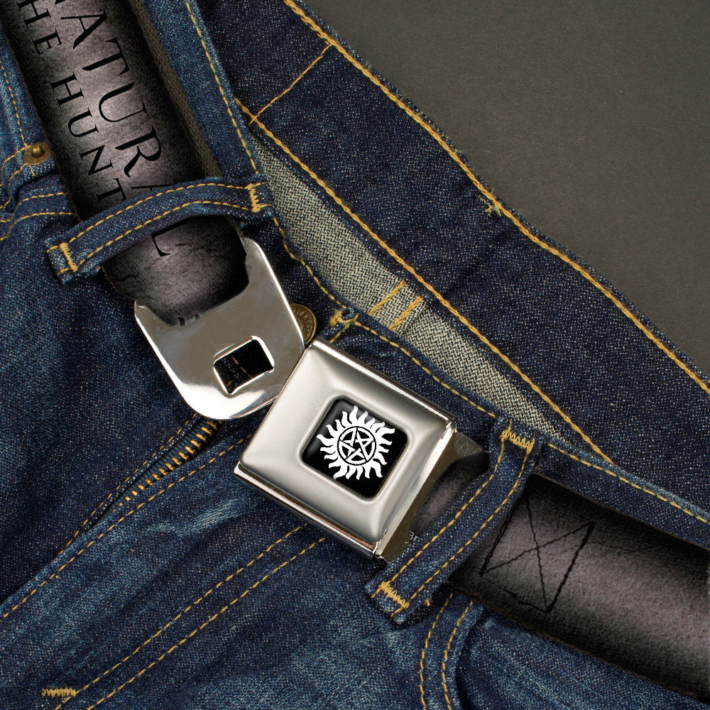 Winchester Logo Full Color Black White Seatbelt Belt - SUPERNATURAL-JOIN THE HUNT/Winchester Pentagram Grays/Black Webbing Seatbelt Belts Supernatural
