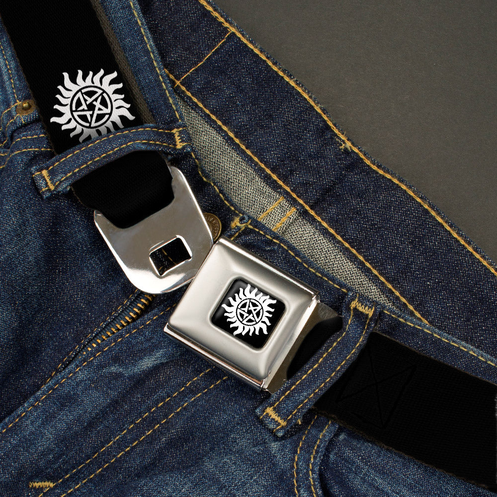 Winchester Logo Full Color Black White Seatbelt Belt - Winchester Pentagram Repeat Black/White Webbing Seatbelt Belts Supernatural