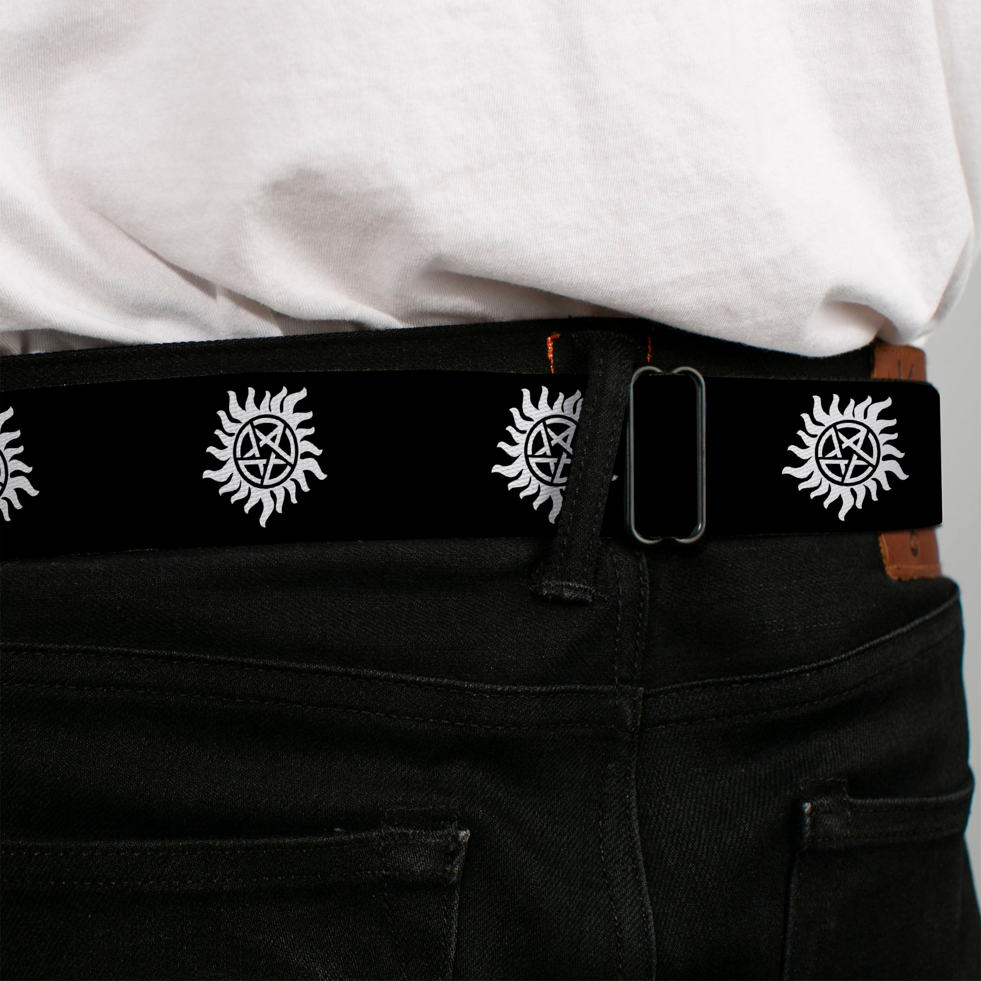 Winchester Logo Full Color Black White Seatbelt Belt - Winchester Pentagram Repeat Black/White Webbing Seatbelt Belts Supernatural