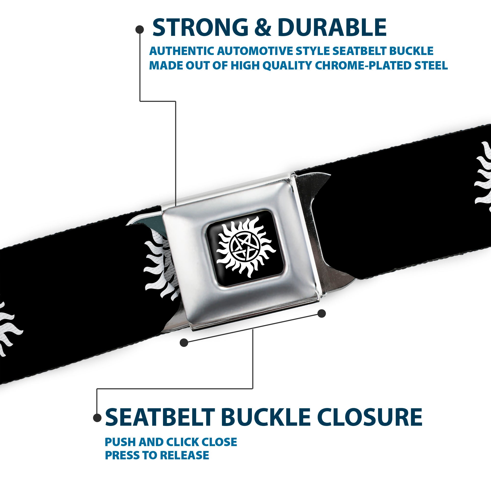 Winchester Logo Full Color Black White Seatbelt Belt - Winchester Pentagram Repeat Black/White Webbing Seatbelt Belts Supernatural