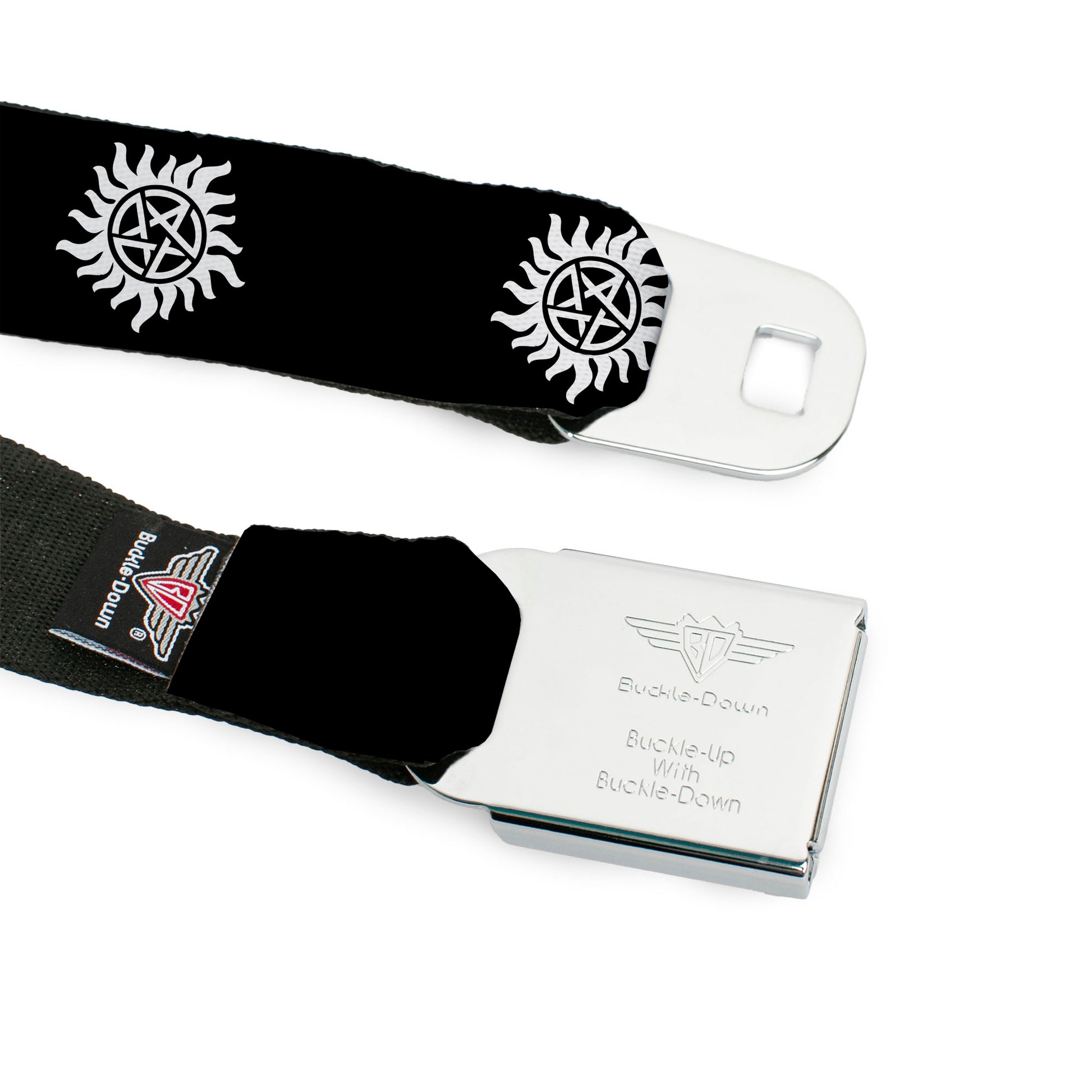 Winchester Logo Full Color Black White Seatbelt Belt - Winchester Pentagram Repeat Black/White Webbing Seatbelt Belts Supernatural