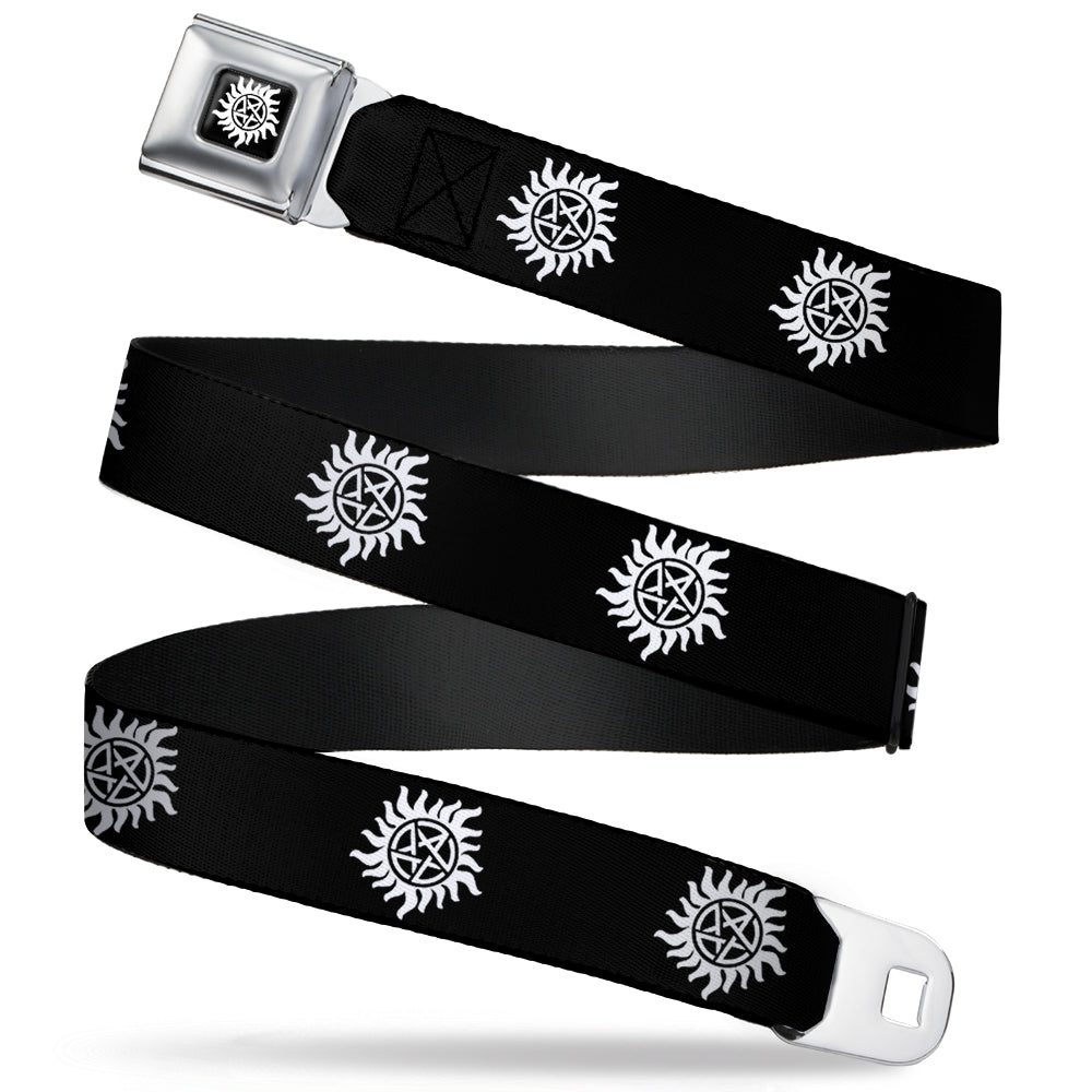 Winchester Logo Full Color Black White Seatbelt Belt - Winchester Pentagram Repeat Black/White Webbing Seatbelt Belts Supernatural