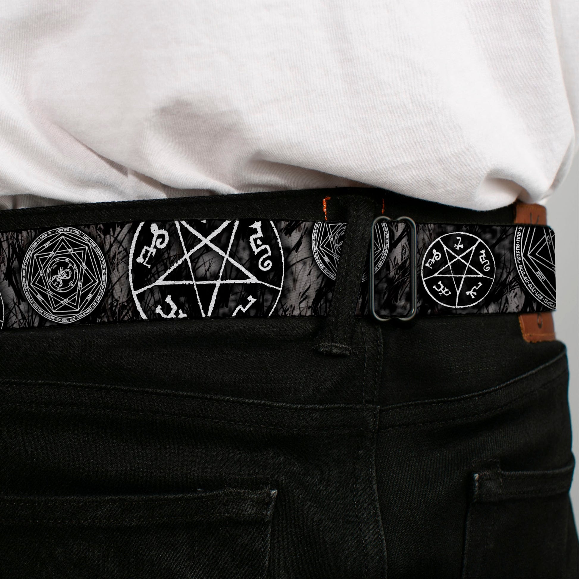 Winchester Logo Full Color Black White Seatbelt Belt - Supernatural Devil's Trap Pentagrams Grays/Black/White Webbing Seatbelt Belts Supernatural