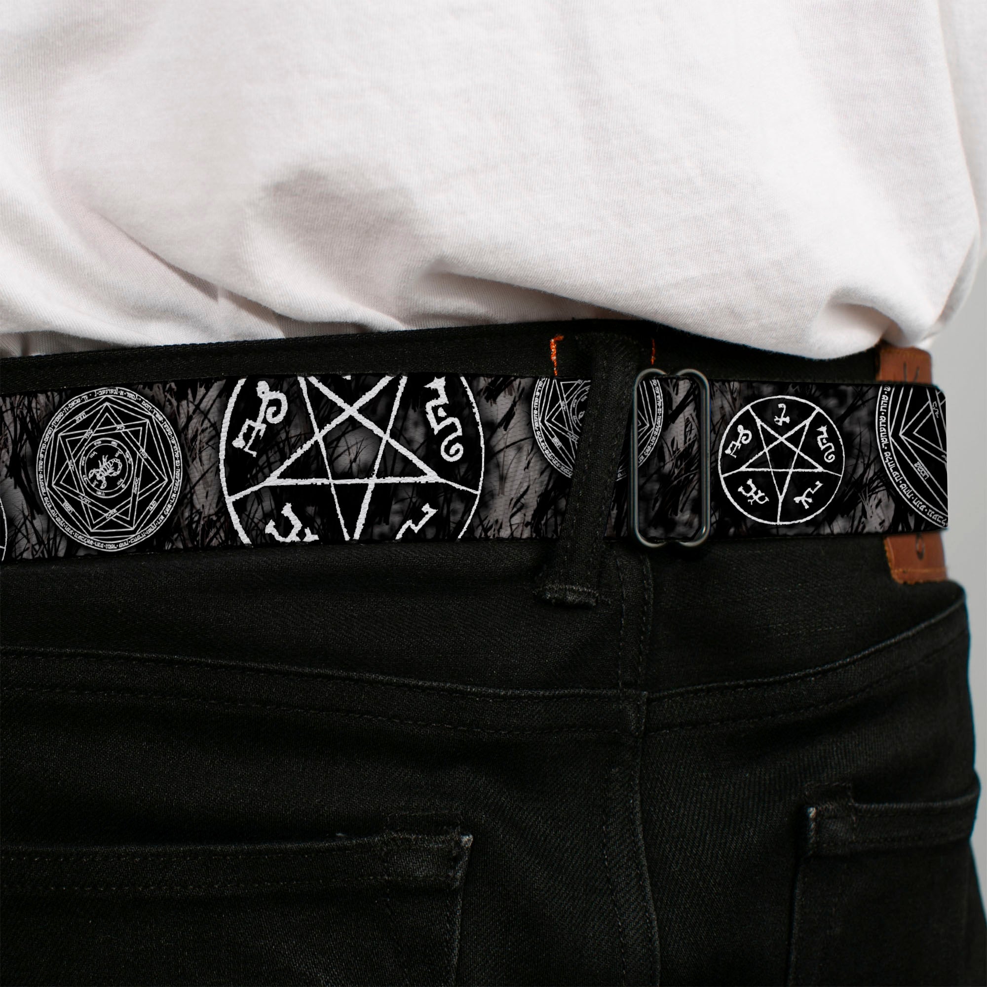 Winchester Logo Full Color Black White Seatbelt Belt - Supernatural Devil's Trap Pentagrams Grays/Black/White Webbing Seatbelt Belts Supernatural