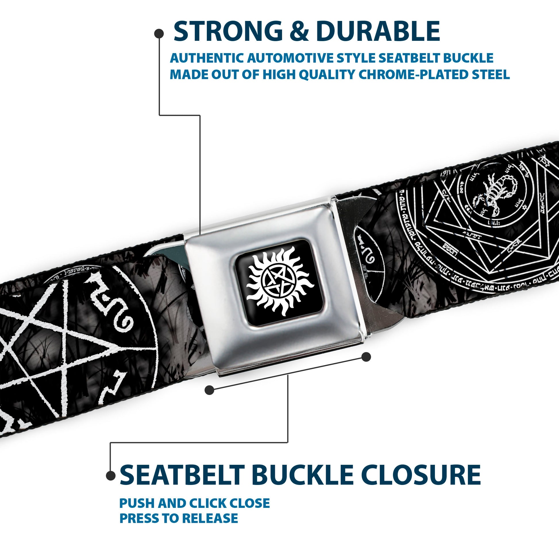 Winchester Logo Full Color Black White Seatbelt Belt - Supernatural Devil's Trap Pentagrams Grays/Black/White Webbing Seatbelt Belts Supernatural