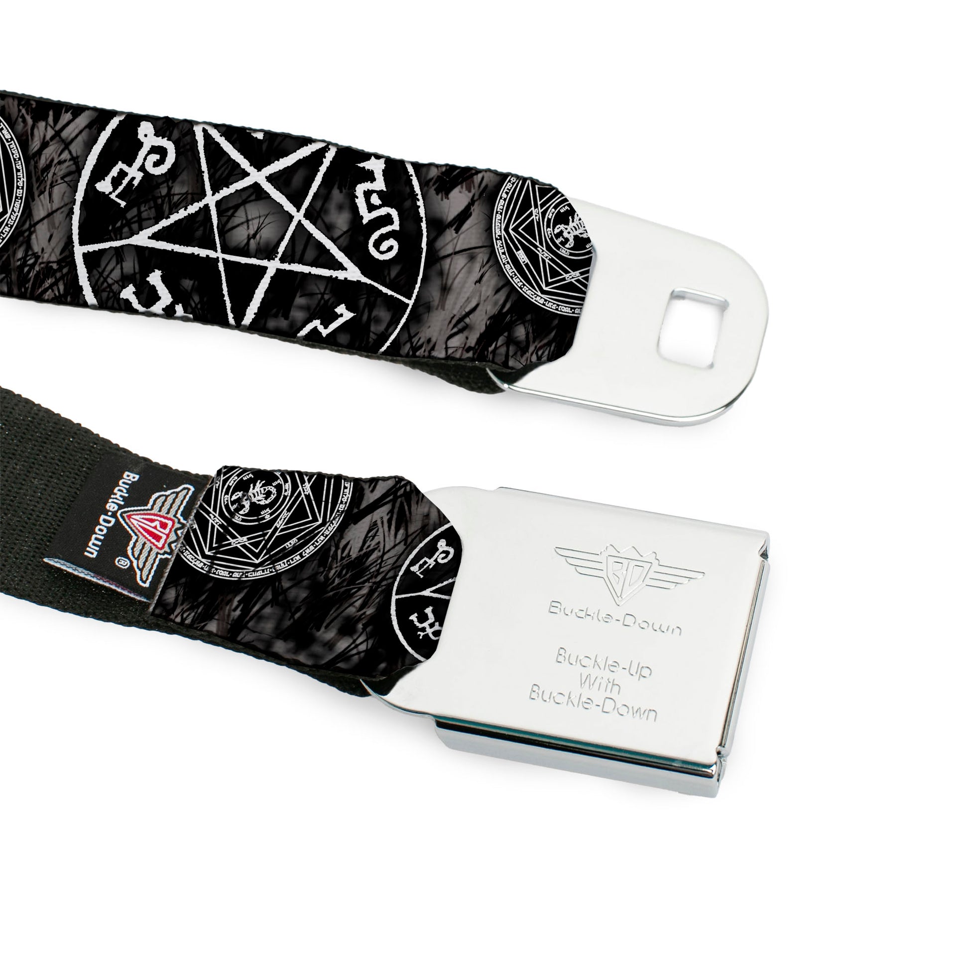 Winchester Logo Full Color Black White Seatbelt Belt - Supernatural Devil's Trap Pentagrams Grays/Black/White Webbing Seatbelt Belts Supernatural