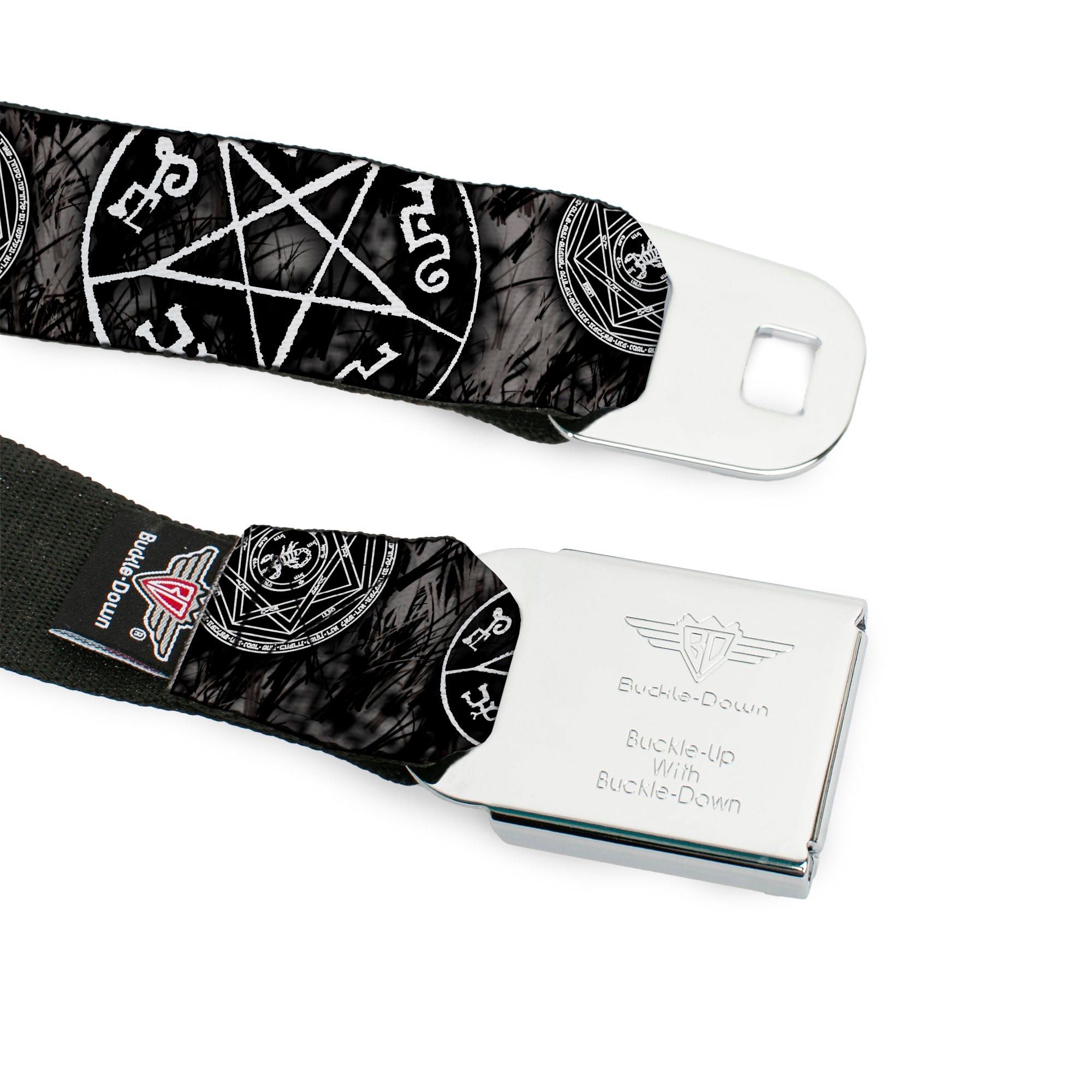 Winchester Logo Full Color Black White Seatbelt Belt - Supernatural Devil's Trap Pentagrams Grays/Black/White Webbing Seatbelt Belts Supernatural