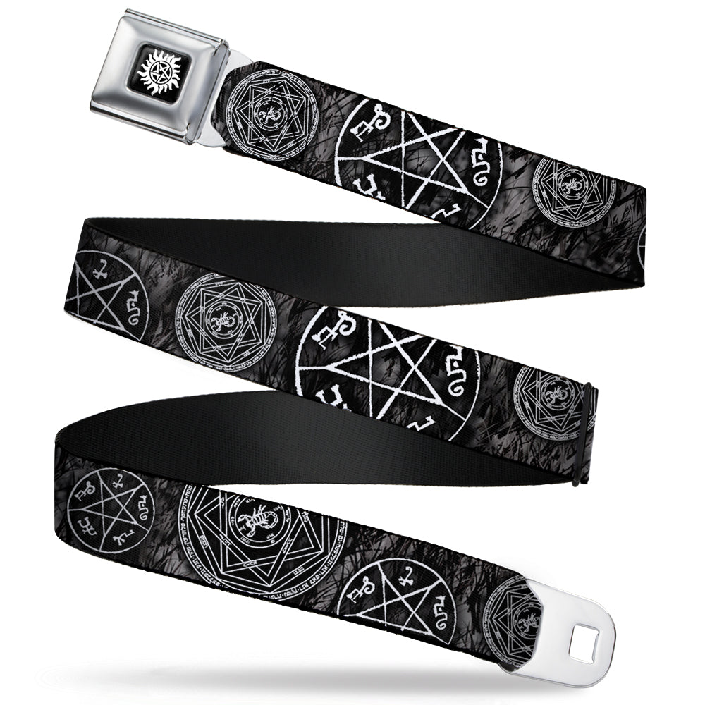 Winchester Logo Full Color Black White Seatbelt Belt - Supernatural Devil's Trap Pentagrams Grays/Black/White Webbing Seatbelt Belts Supernatural